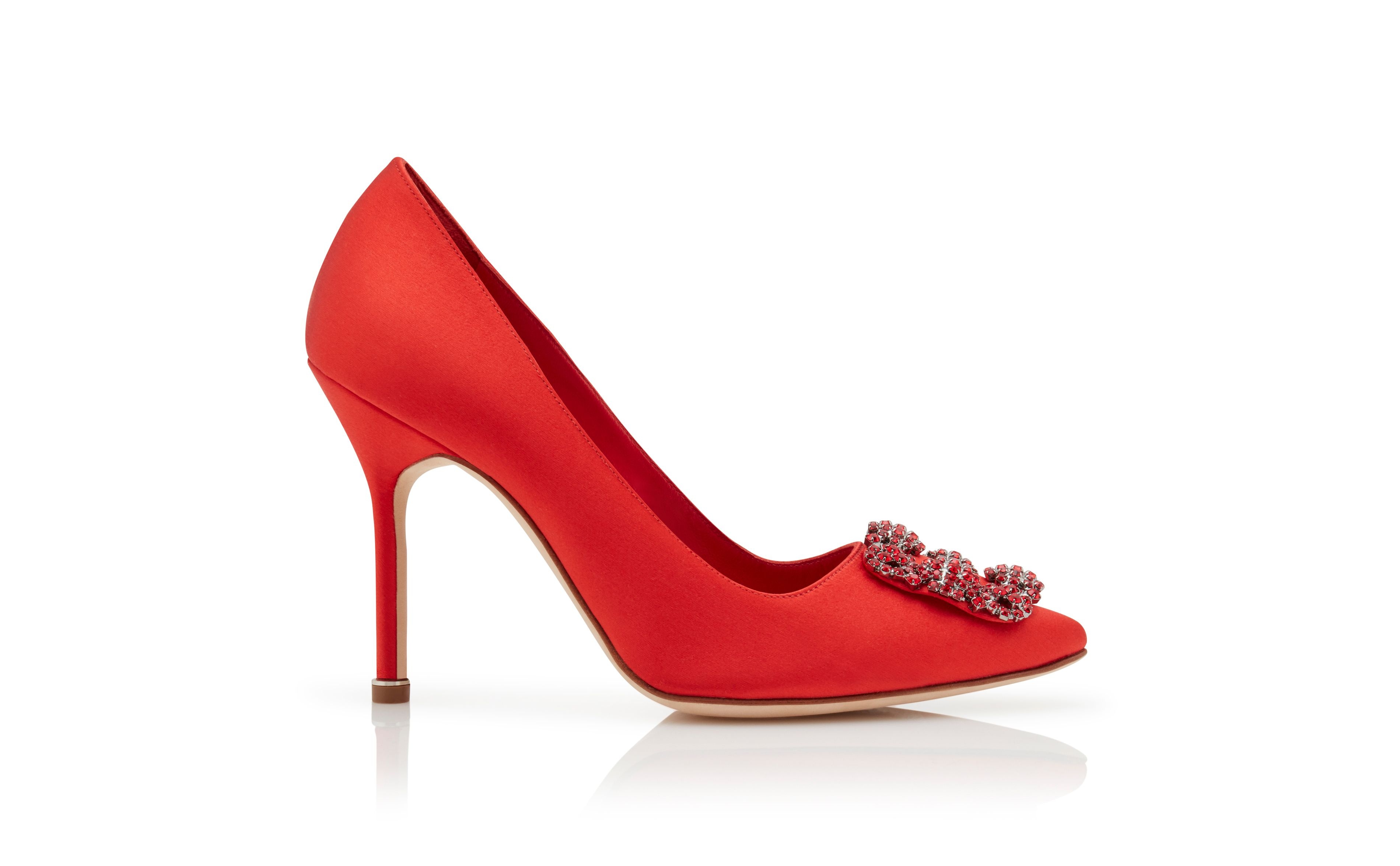 Red Satin Jewel Buckle Pumps - 1