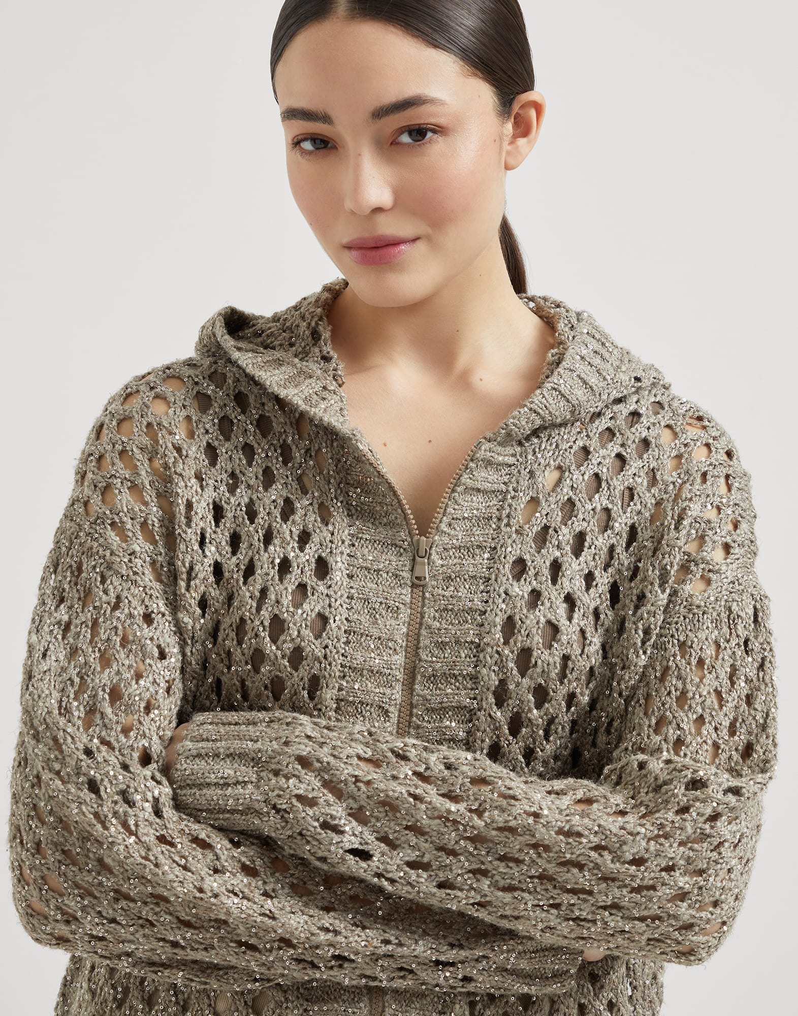 Silk and linen dazzling net hooded cardigan - 3