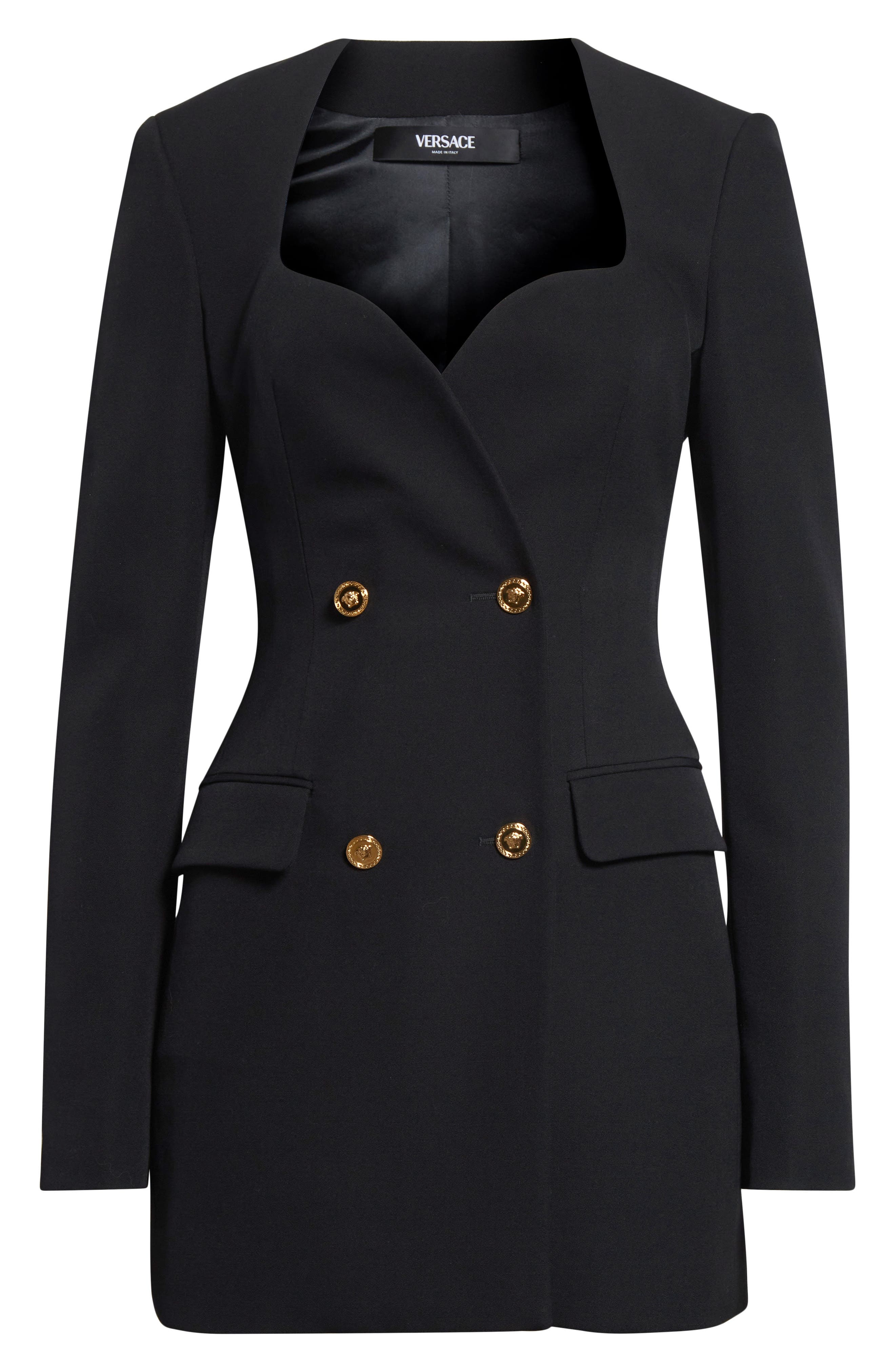 Versace Double Breasted Wool Grain de Poudre Blazer Dress in Black at Nordstrom - 6