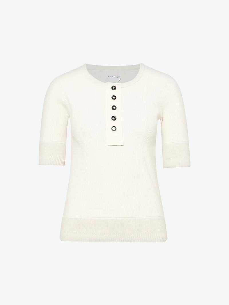 Henley-button cropped-sleeve stretch-cotton jersey T-shirt - 1