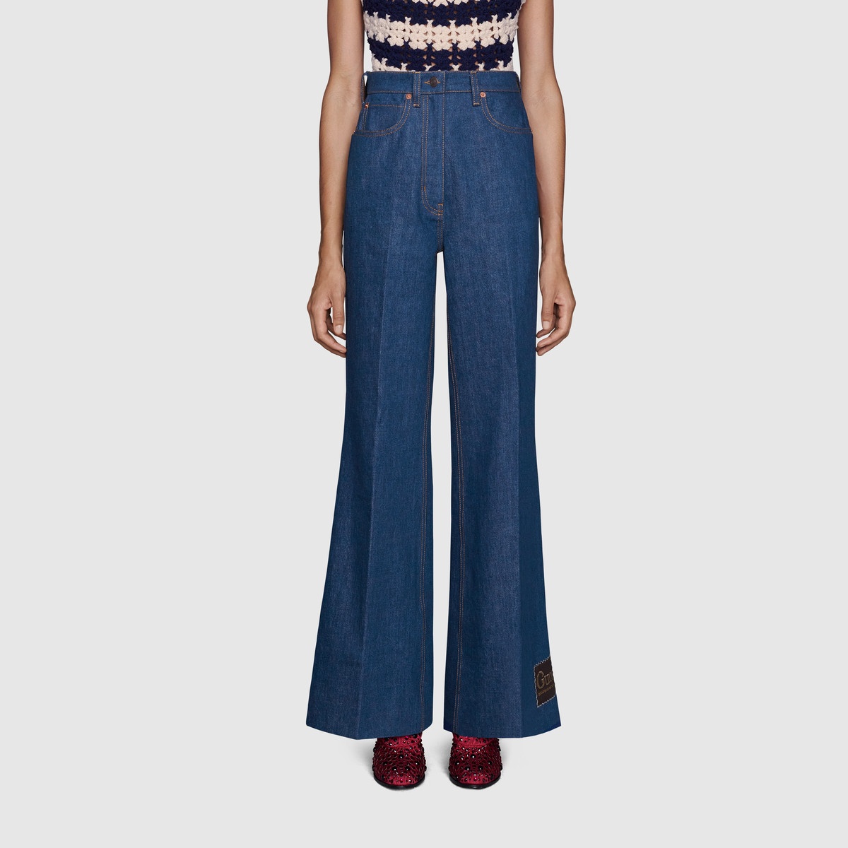 Washed denim flare pant with Gucci label - 3