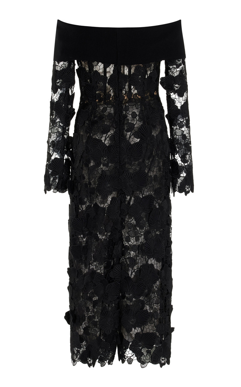 Oscar de la Renta Off Shoulder Orchid Guipure & Knit Dress black outlook