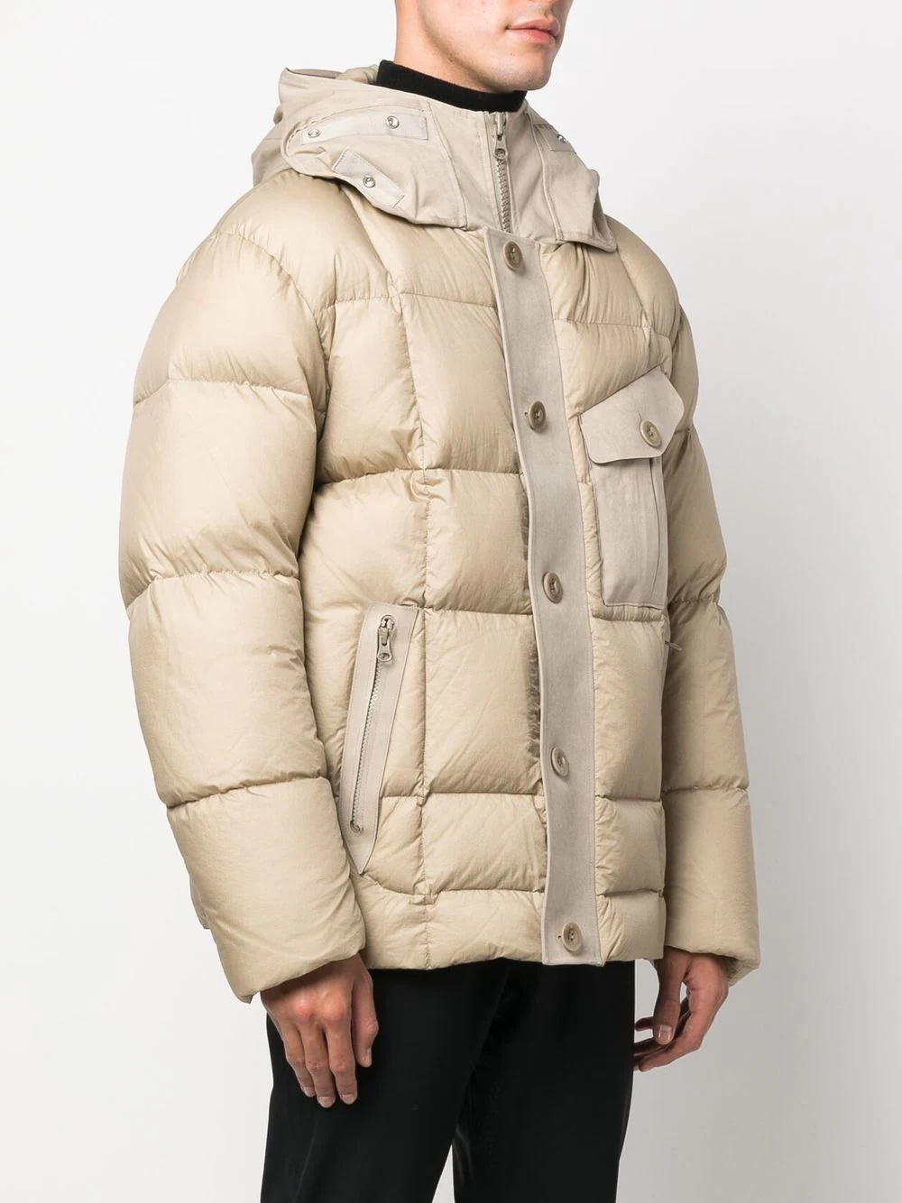 hooded button fasten puffer jacket - 3