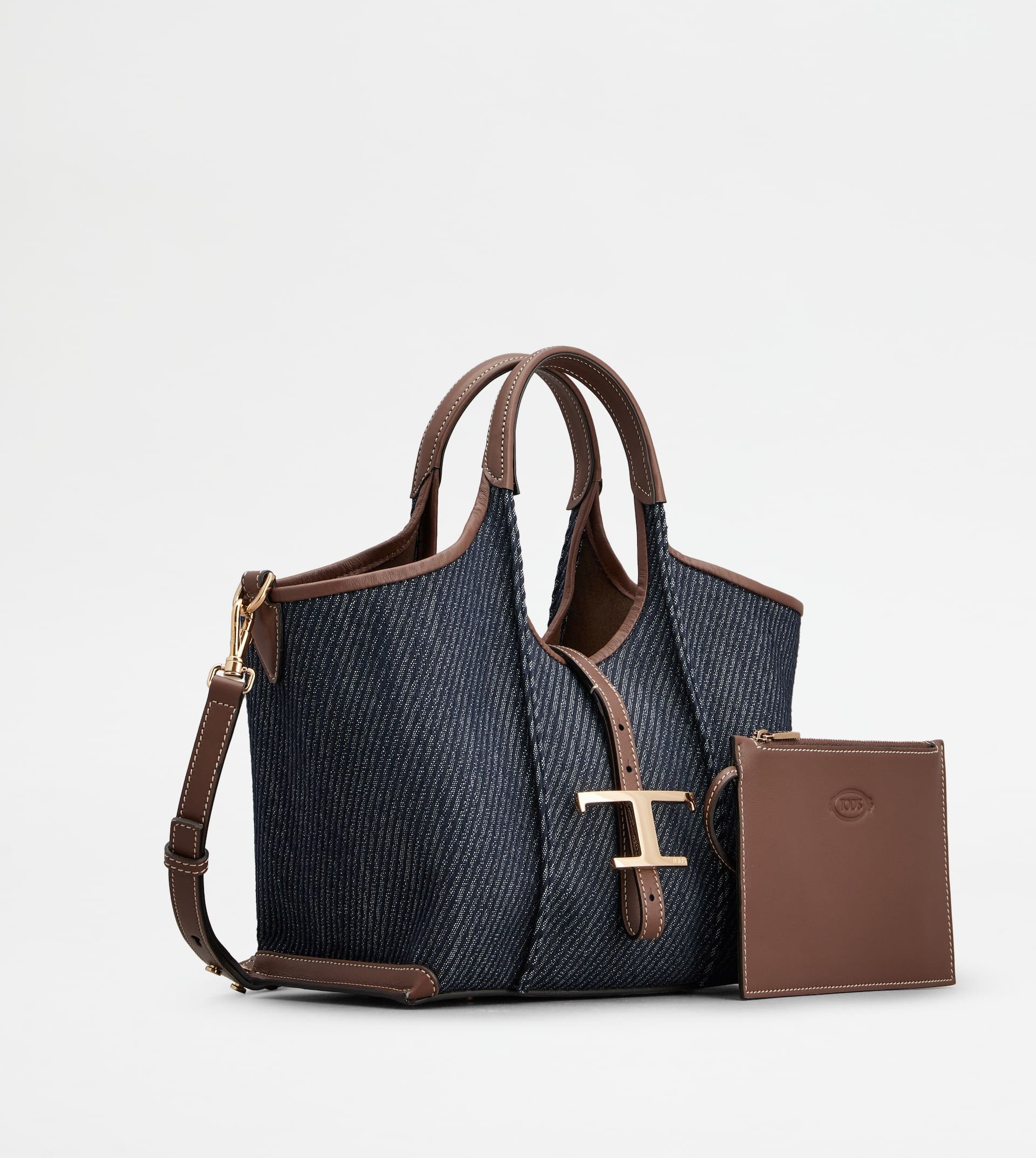 T TIMELESS SHOPPING BAG IN DENIM AND LEATHER MINI - BLUE, BROWN - 2