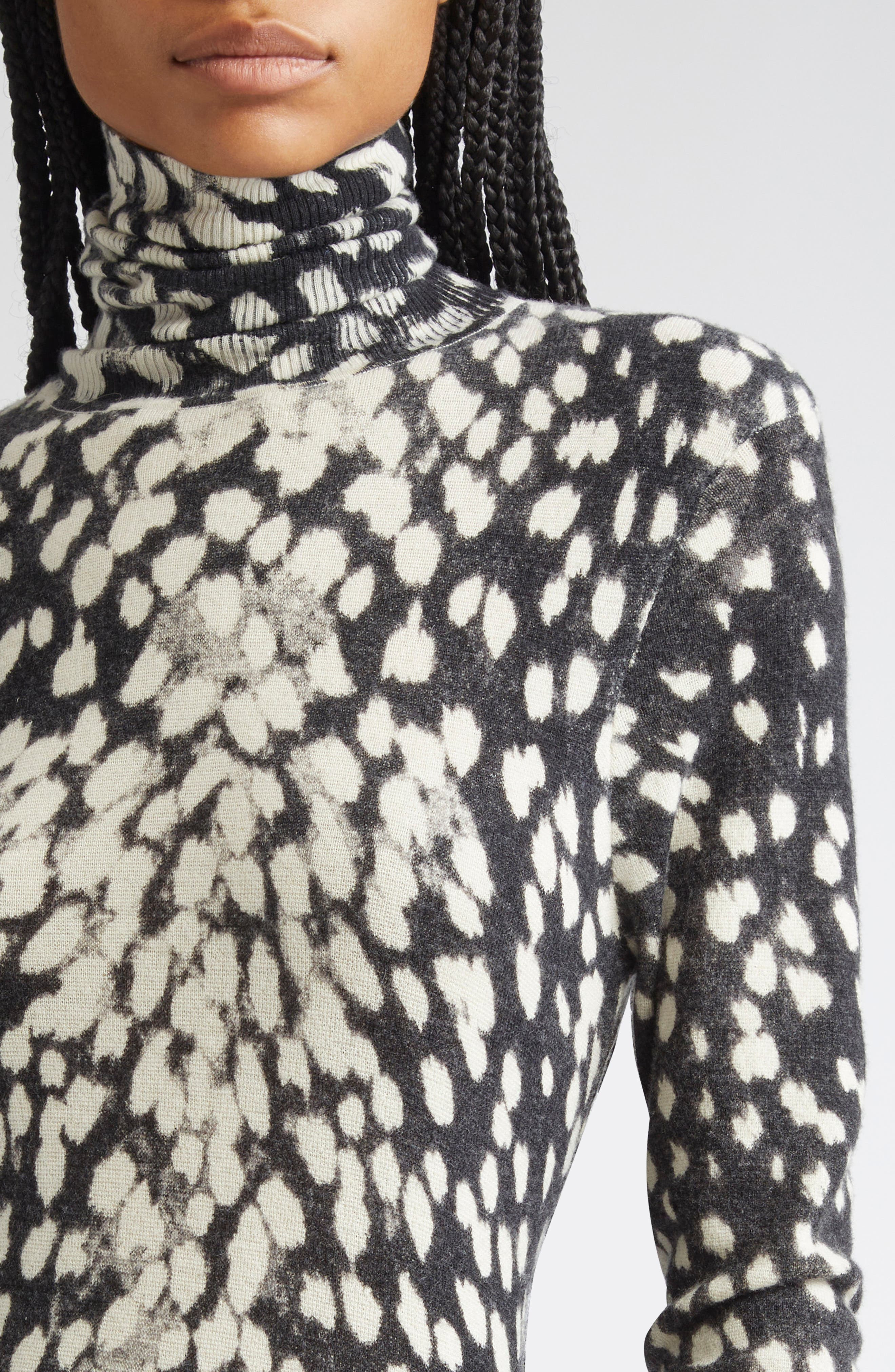 Brandon Maxwell The Camille Hand-Printed Long Sleeve Cashmere Turtleneck Sweater Dress in Snow Leopa - 4