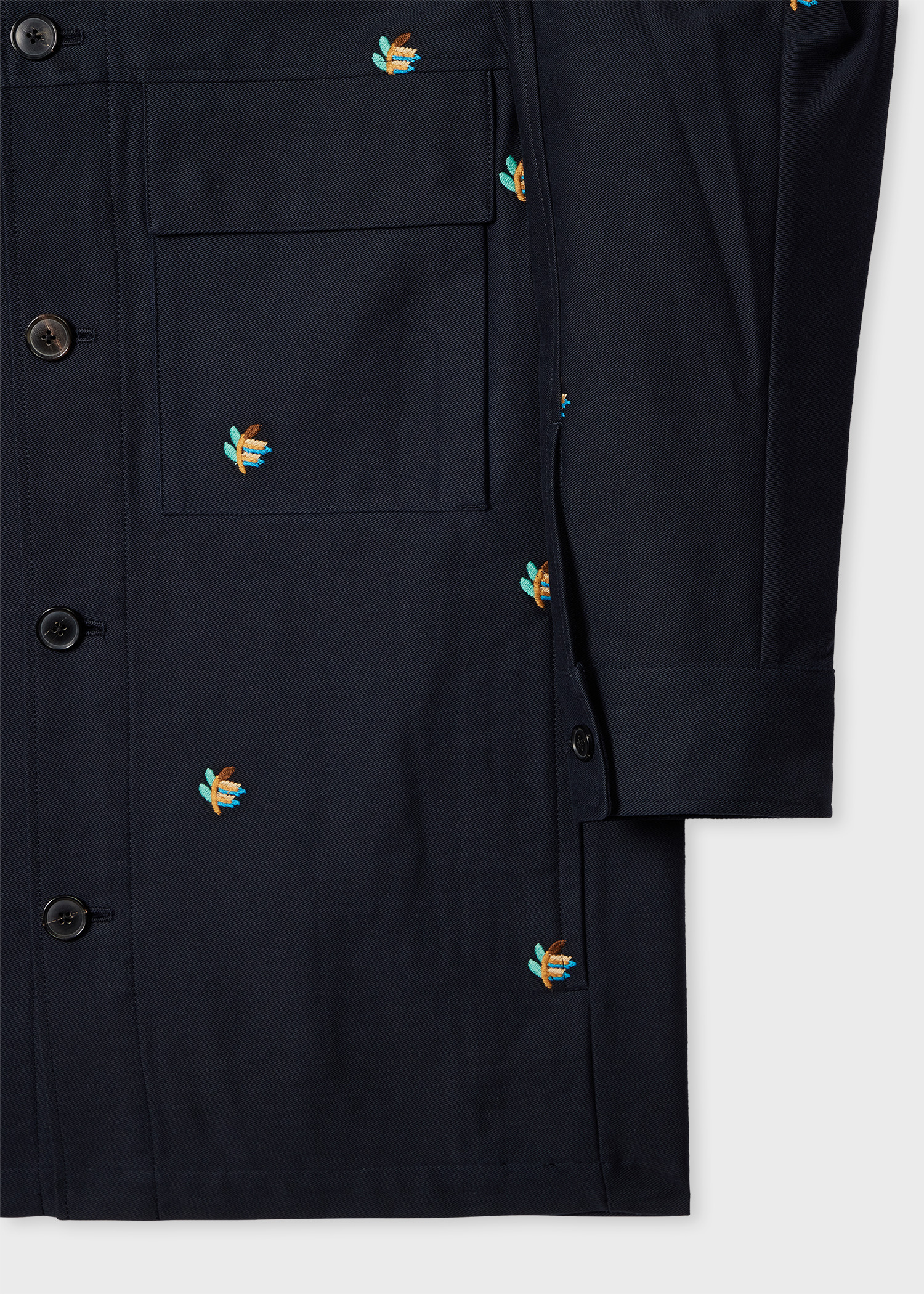 Navy Embroidered Leaf Cotton Overshirt - 4