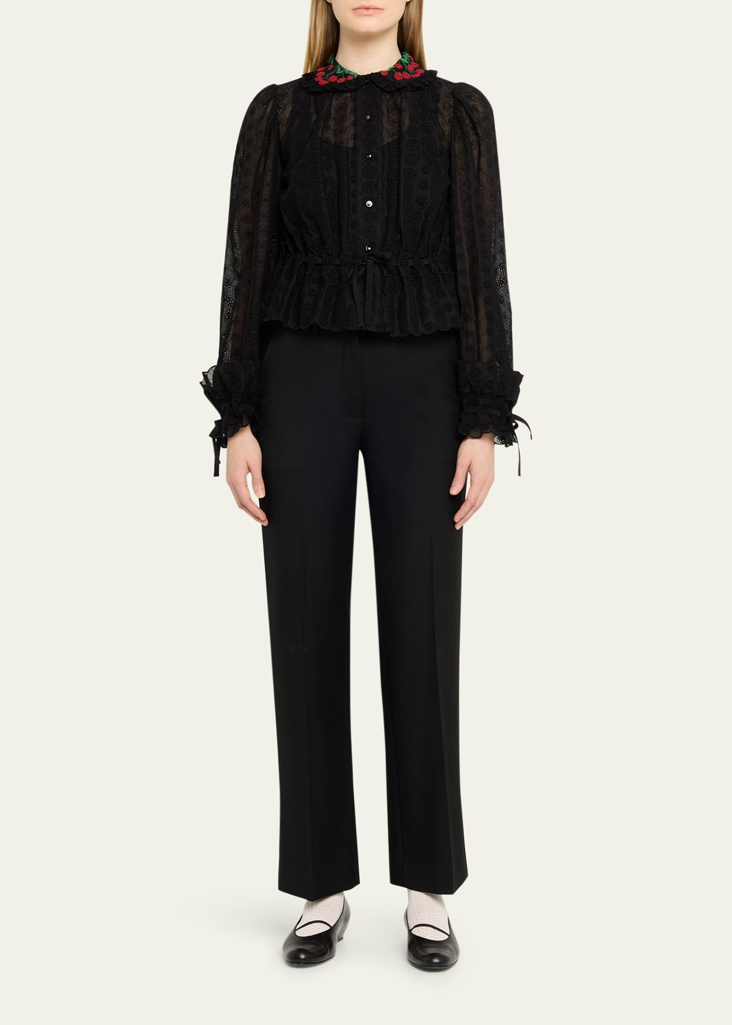 Cherry Embroidered Daisy Sangallo Self-Tie Blouse - 2