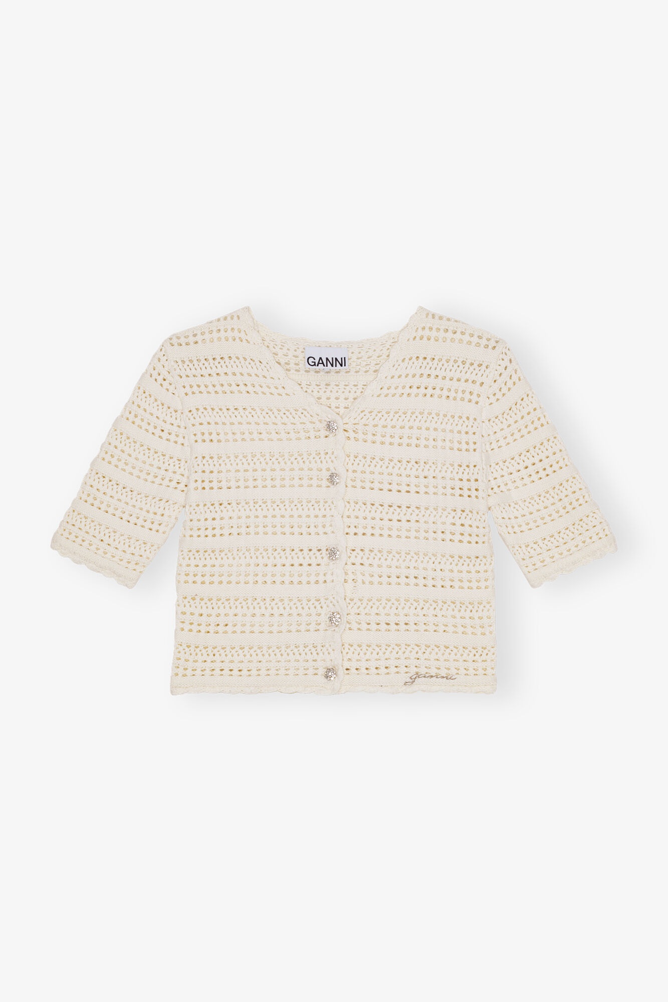 WHITE POINTELLE SHORT SLEEVE CARDIGAN - 1