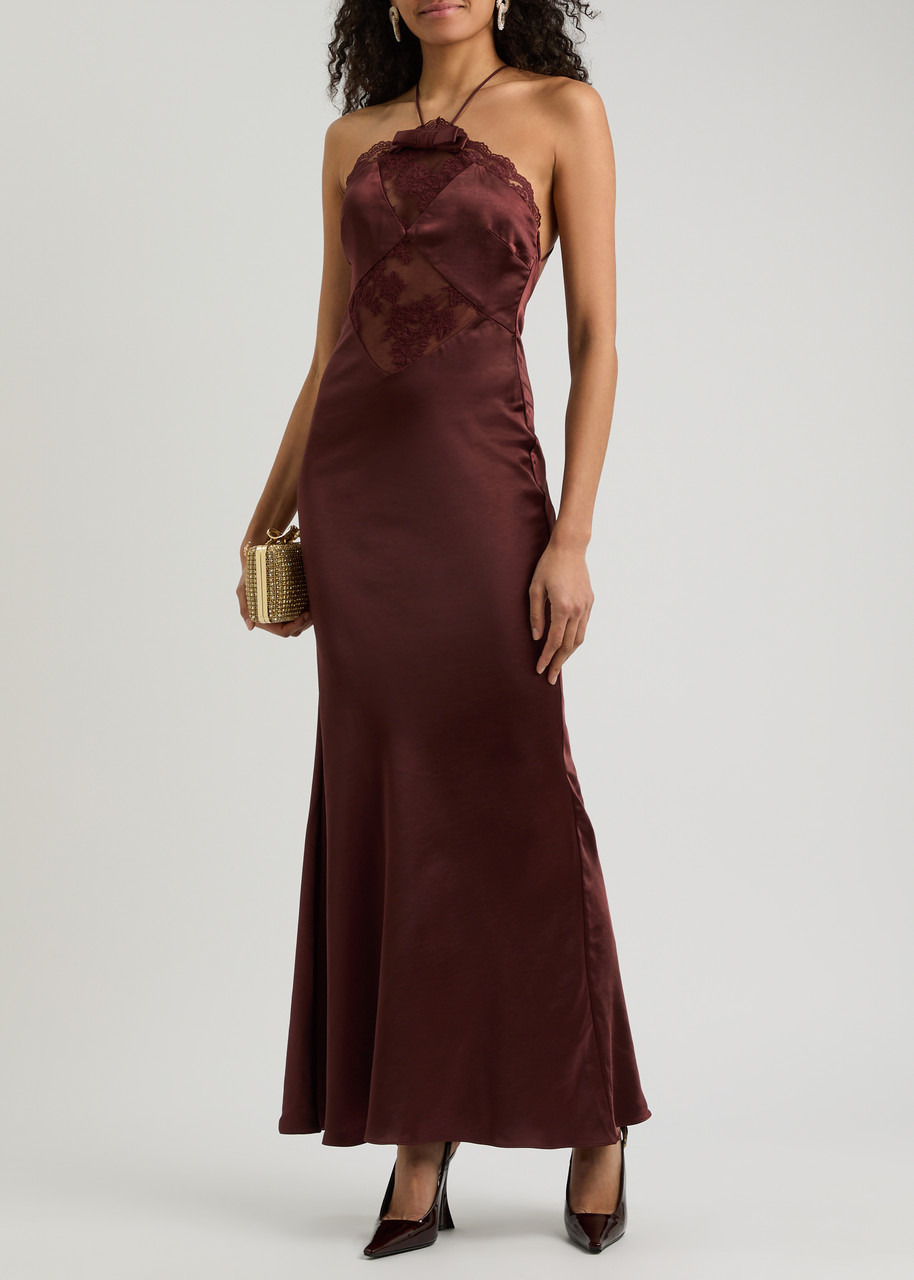 Self-portrait Lace-trimmed Satin Maxi Dress - 4