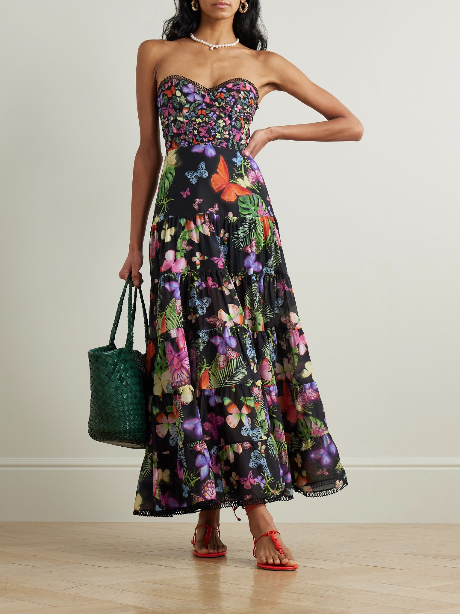 Danny strapless tiered printed cotton-blend maxi dress Black - 2