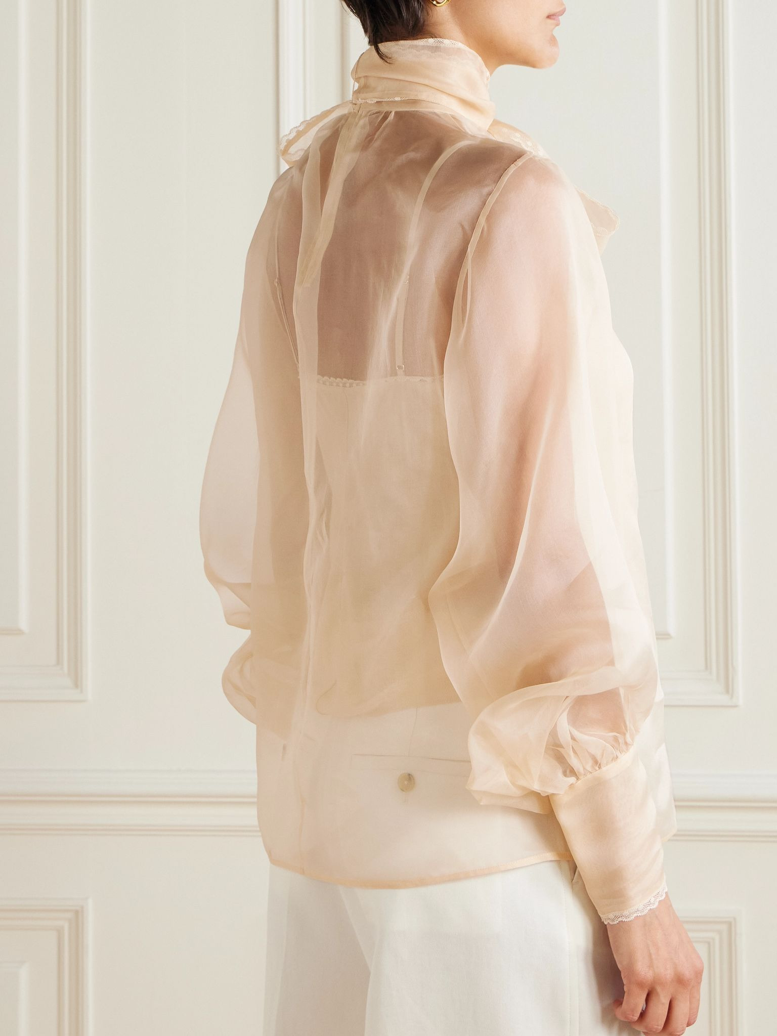 Pussy-bow lace-trimmed silk-organza blouse Blush - 4