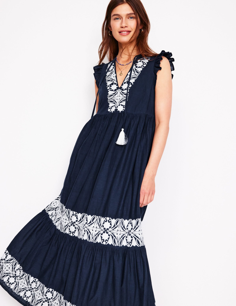 Tie Neck Tier Dress-Navy 5