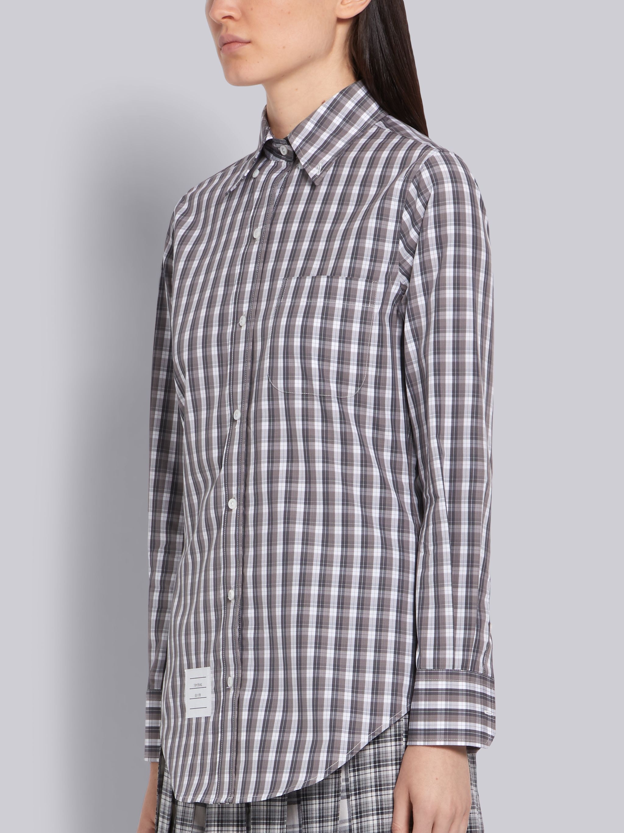 Medium Grey Poplin Micro Buffalo Check Long Sleeve Button Down - 2