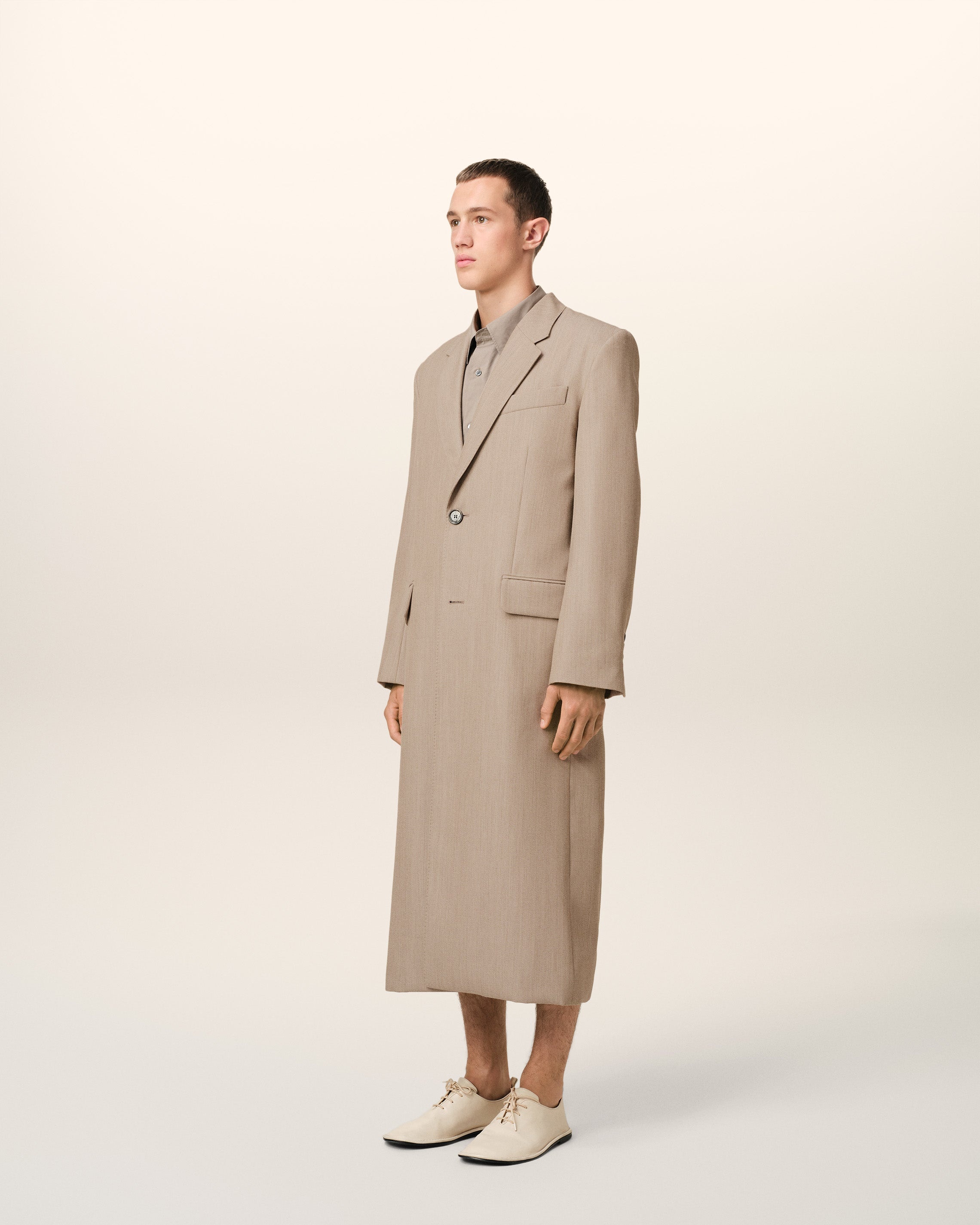 BEIGE WOOL BACK SLIT LONG COAT - 6