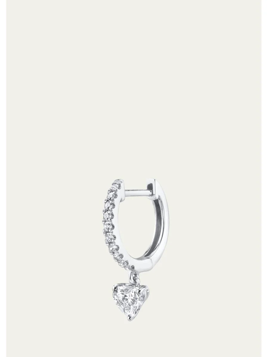 18K White Gold Pave Huggie Earring with Heart Diamond Drop, Single - 1