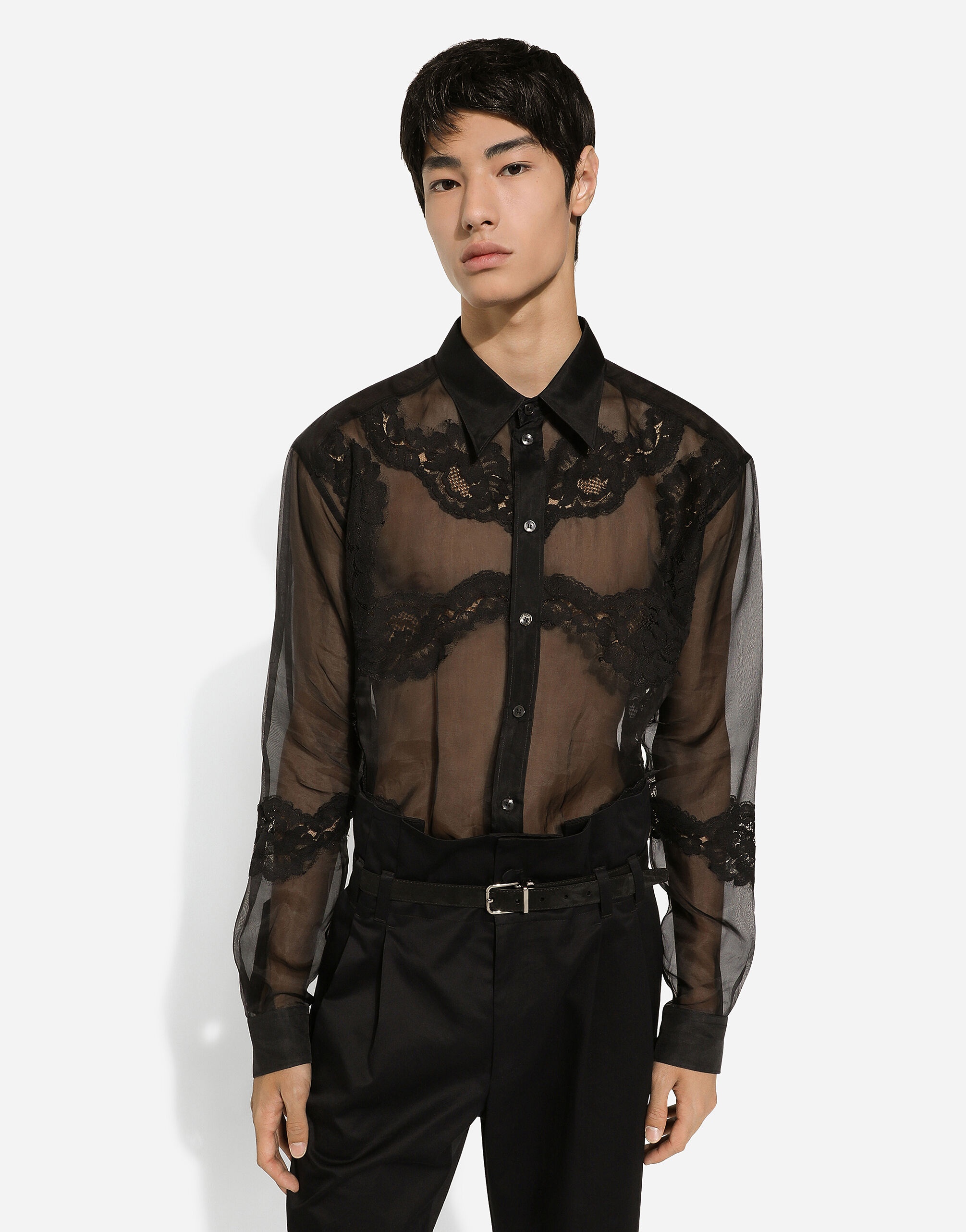 Oversize organza shirt with lace inserts - 4