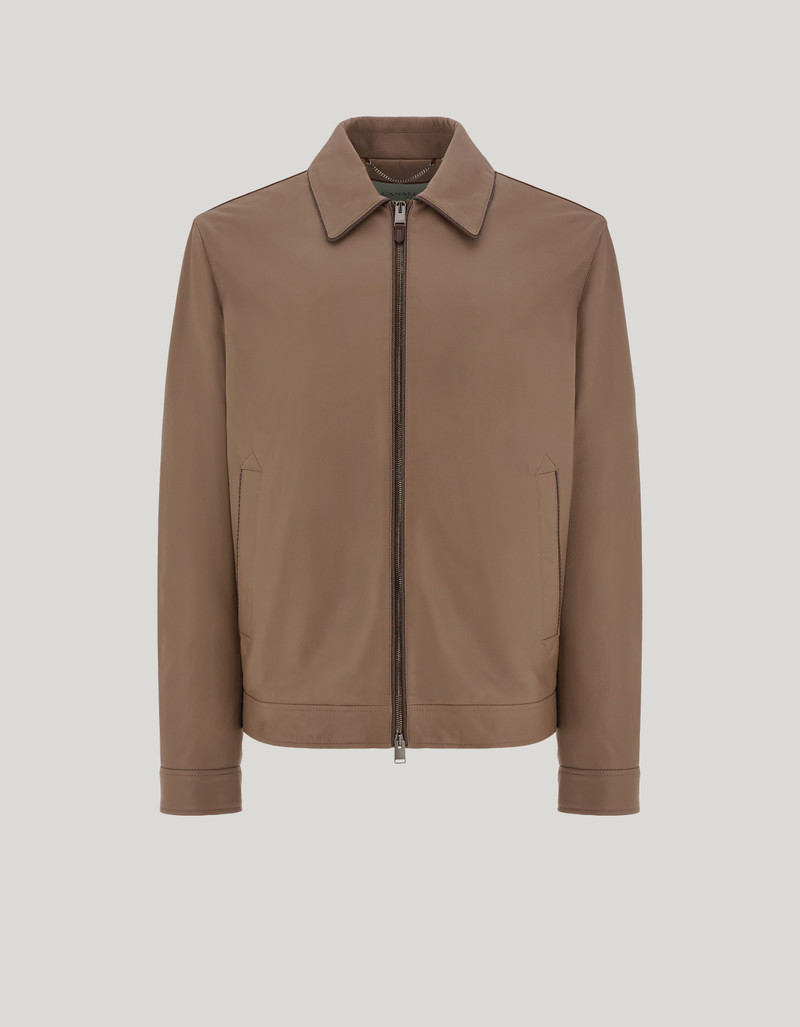 CARAMEL MIXED-MATERIAL ULTRALIGHT SUEDE BOMBER JACKET WITH KNIT INSERTS 250