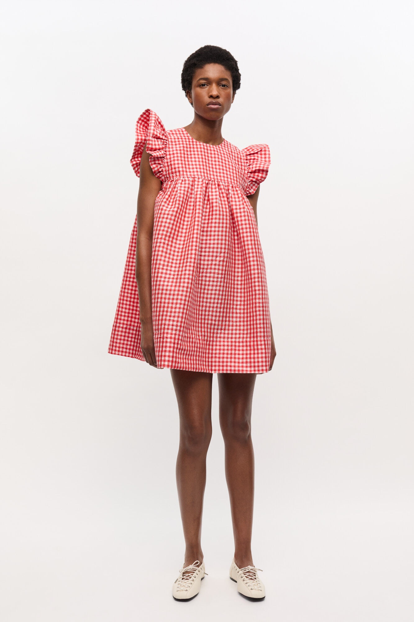 RED CRINKLED CHECK TAFFETA DRESS - 2