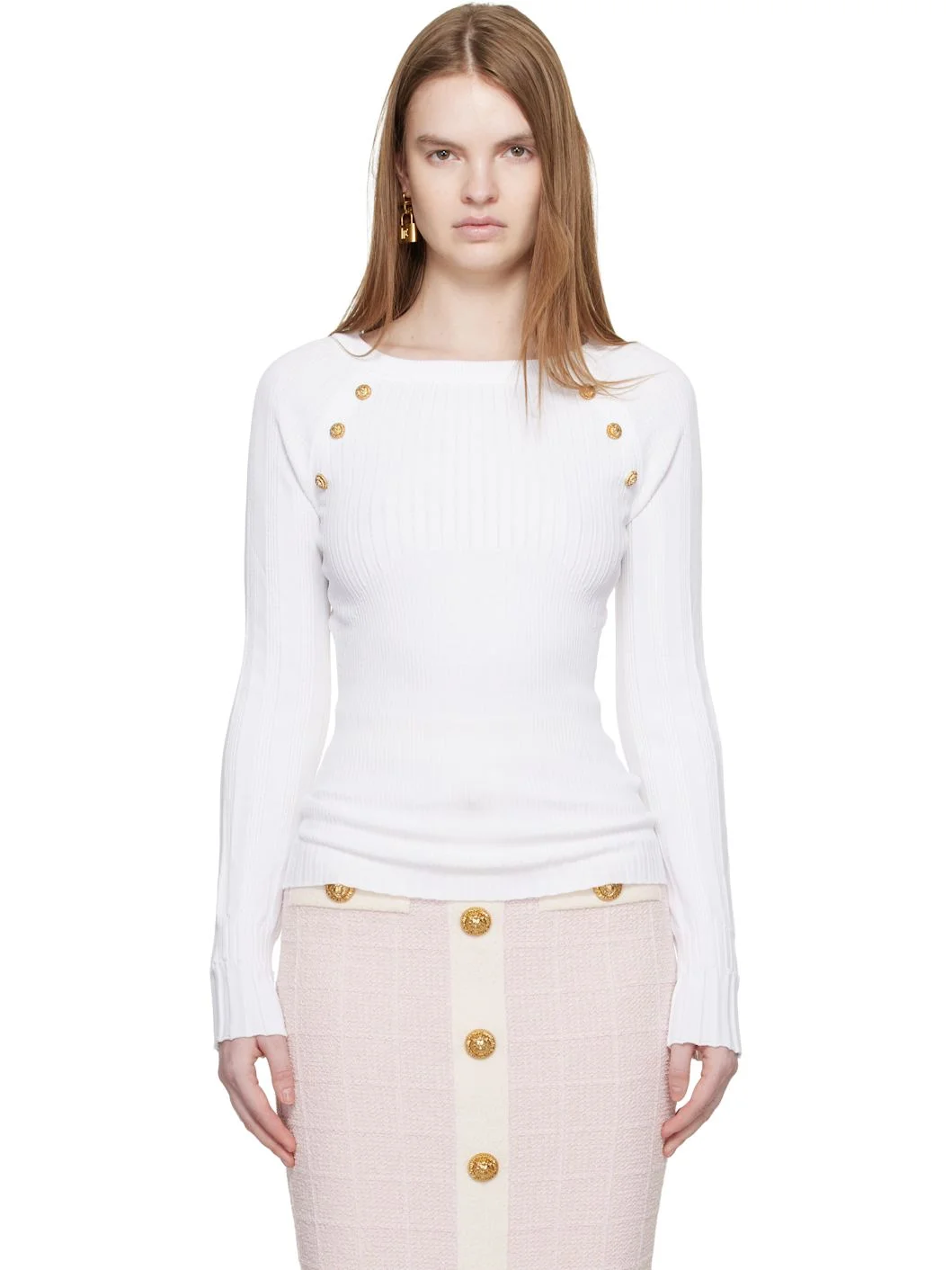 White Knit Buttons Sweater - 1