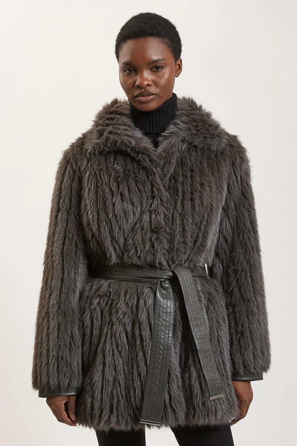 Textured Faux Fur Belted Collar Short Coat - 1