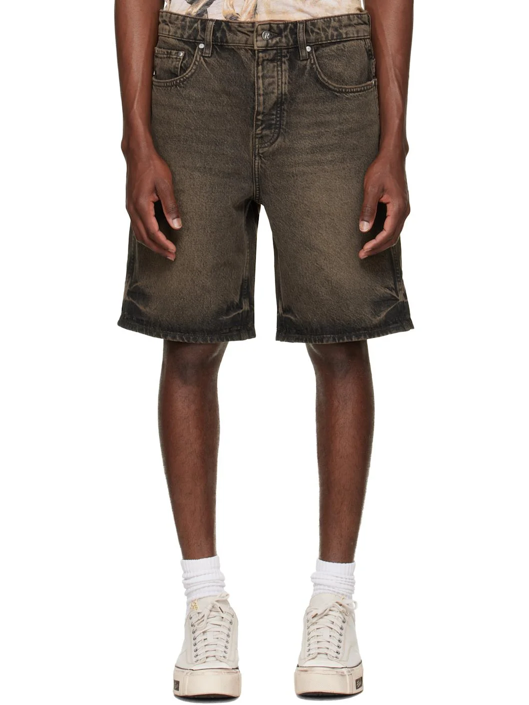 Brown Overdyed Denim Shorts - 1