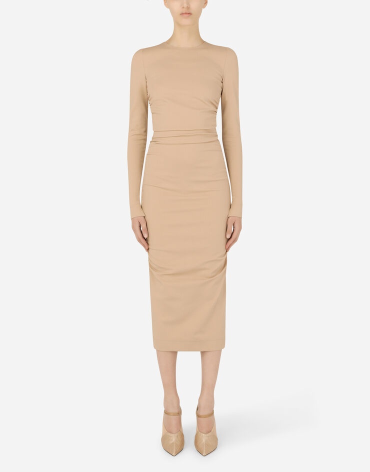 Jersey calf-length dress with draping - 1