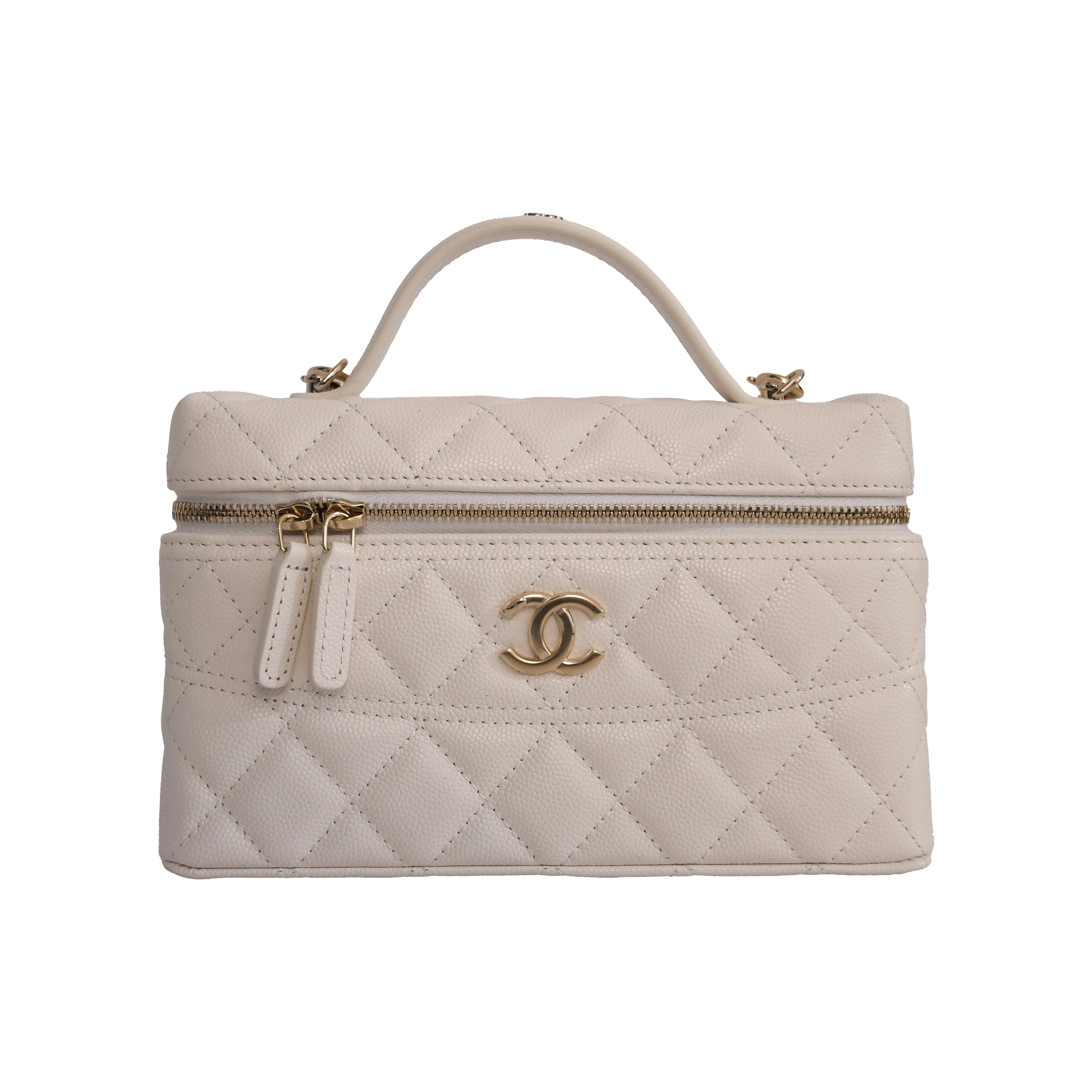 Chanel CC Quilted Grained Shiny Calfskin Top Handle Long Chain Vanity Case L19 White - 1