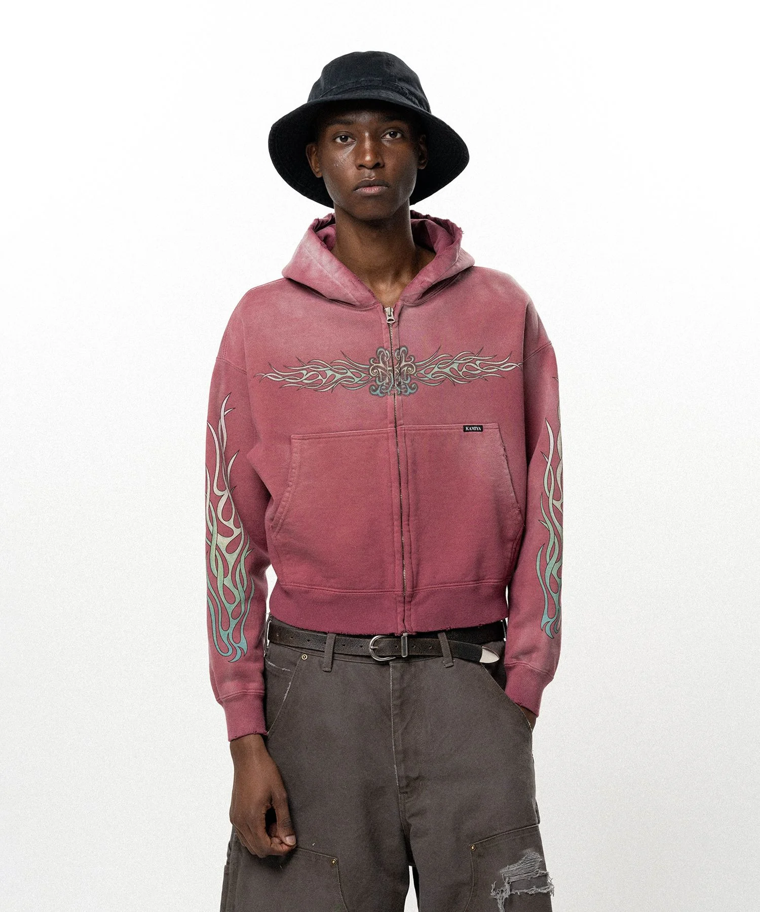 "FLAME KMY" Zip-up Short Hoodie - 1
