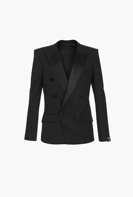 Black satin and wool blazer with double-breasted buttoned fastening - 1