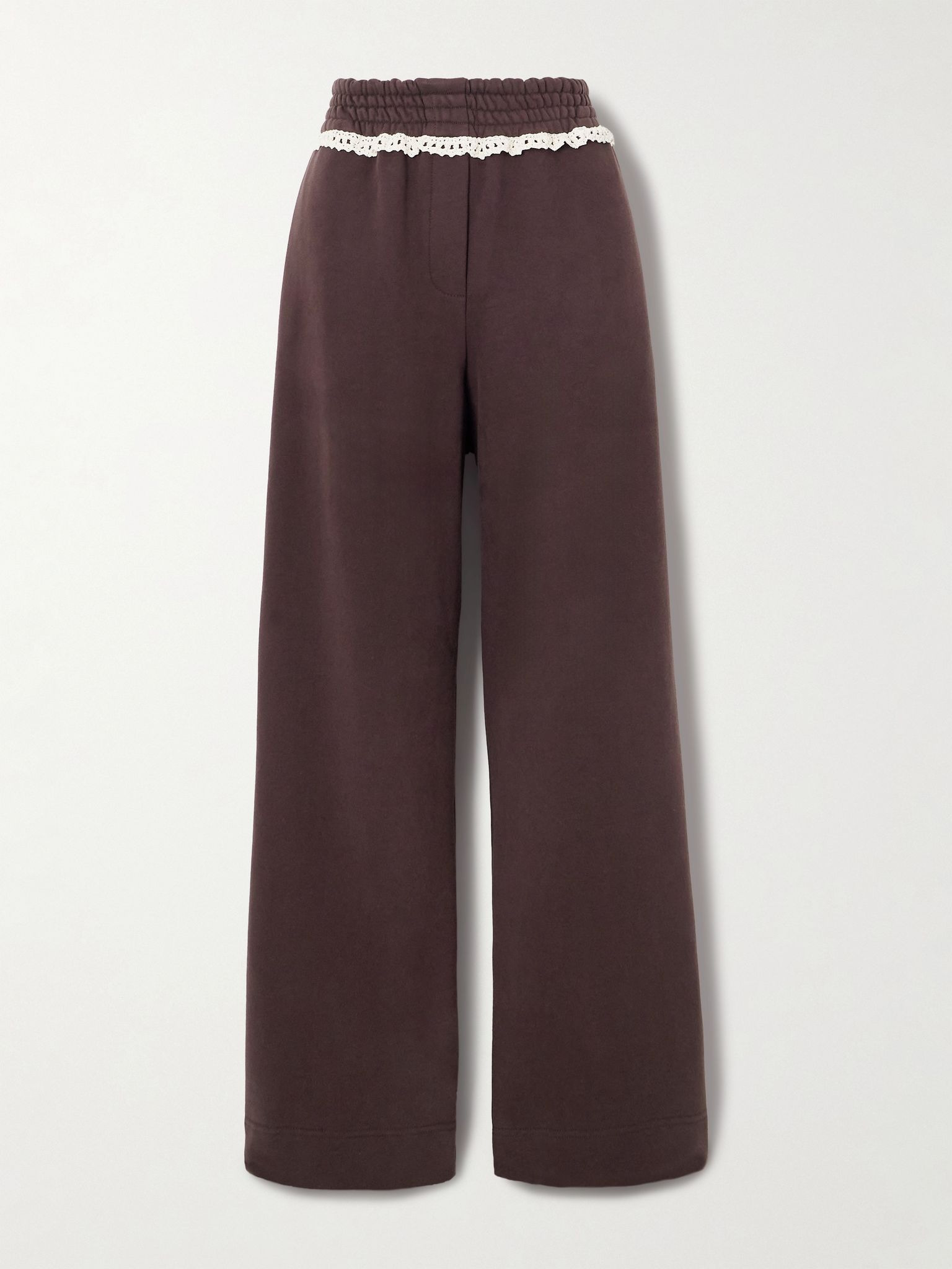 Crochet-trimmed cotton-jersey wide-leg track pants Brown - 1