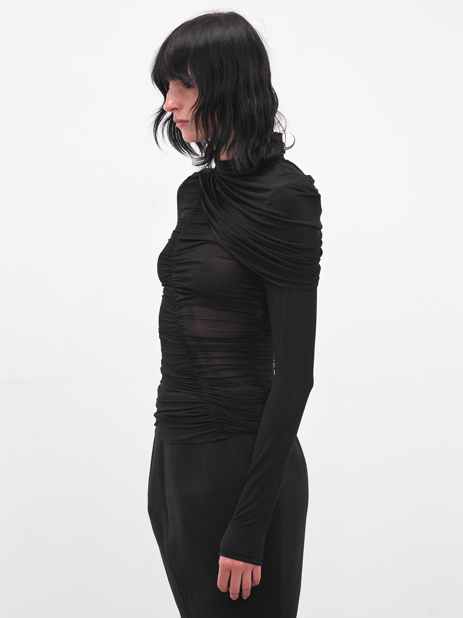Black Mesh Ruched Cape Blouse - 2