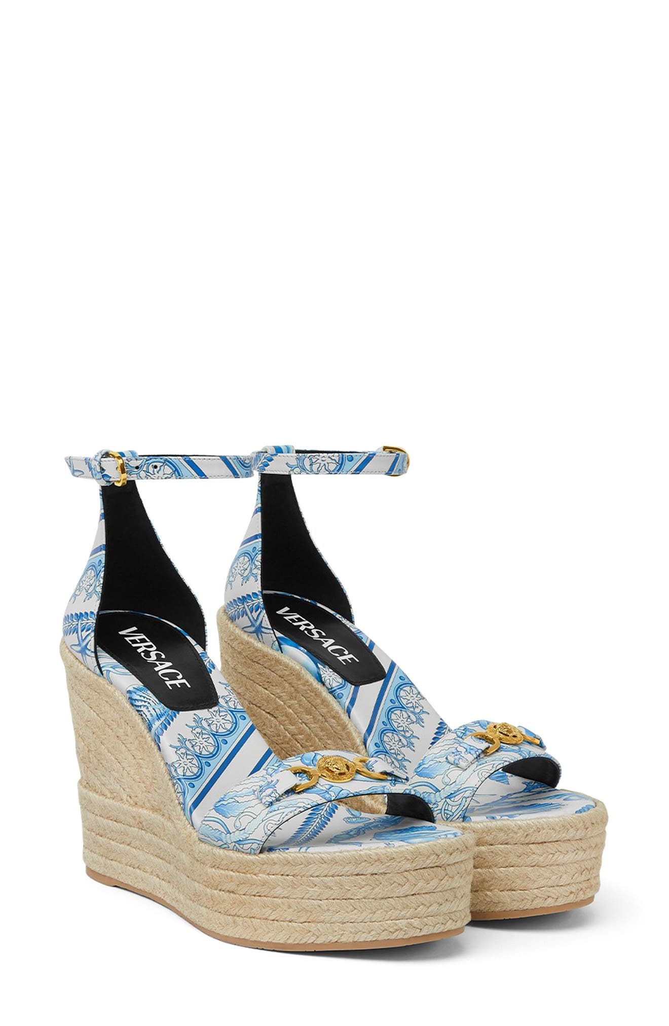 Versace Medusa Espadrille Wedge Sandal in Eggshell Blue Gold at Nordstrom - 1