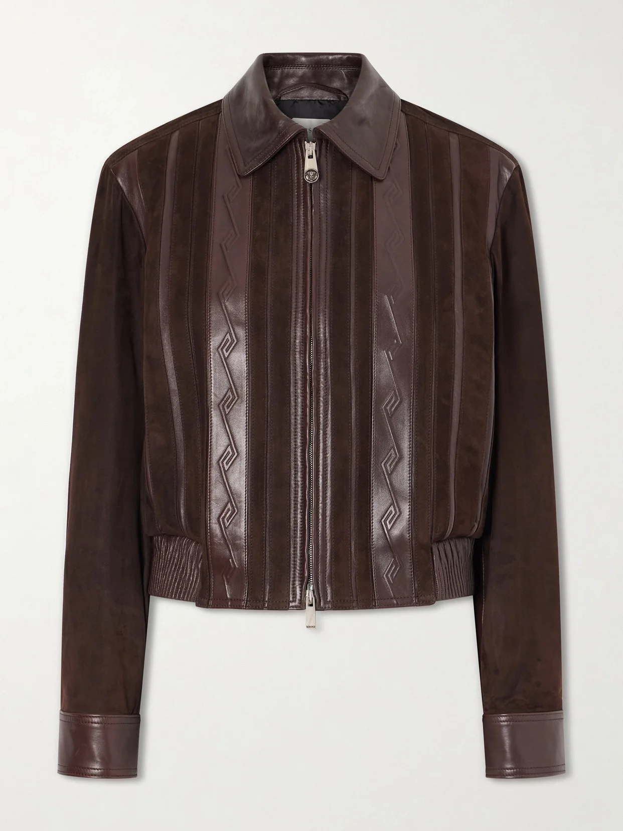 Greca-embossed Leather And Suede Jacket - 1