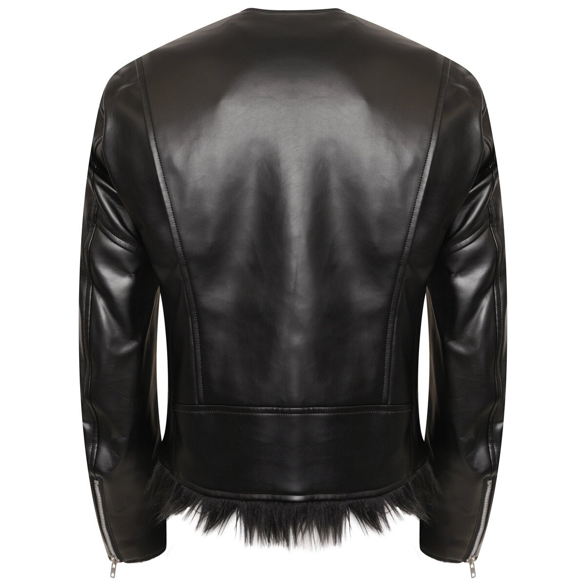 Faux-Leather Fur Lined Biker Jacket in Black - 2