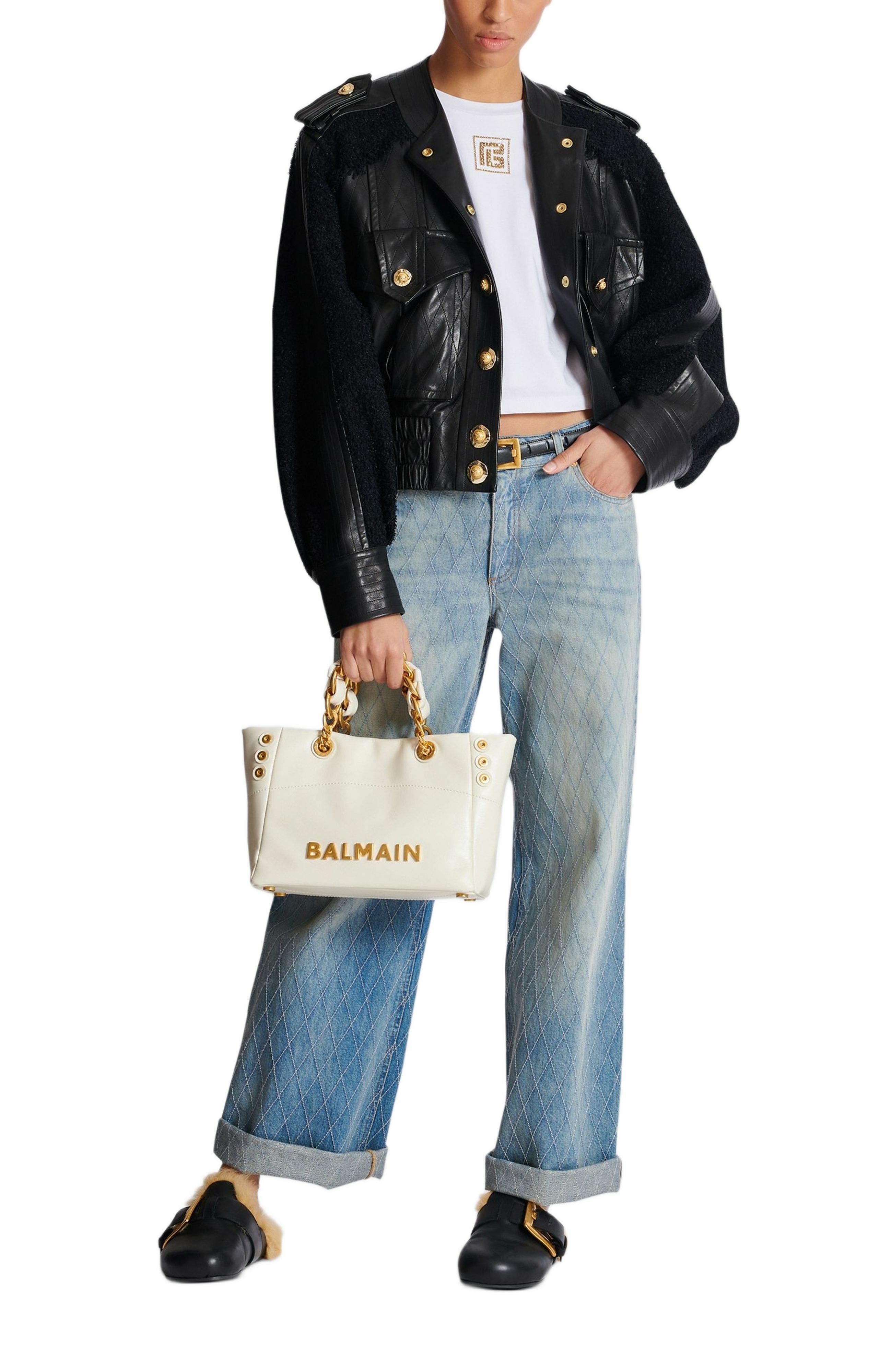 Balmain 1945 Soft Small crinkled leather tote bag in White at Nordstrom - 5