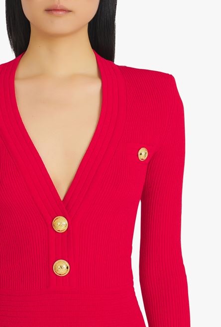 Short red knit dress with gold-tone buttons - 6