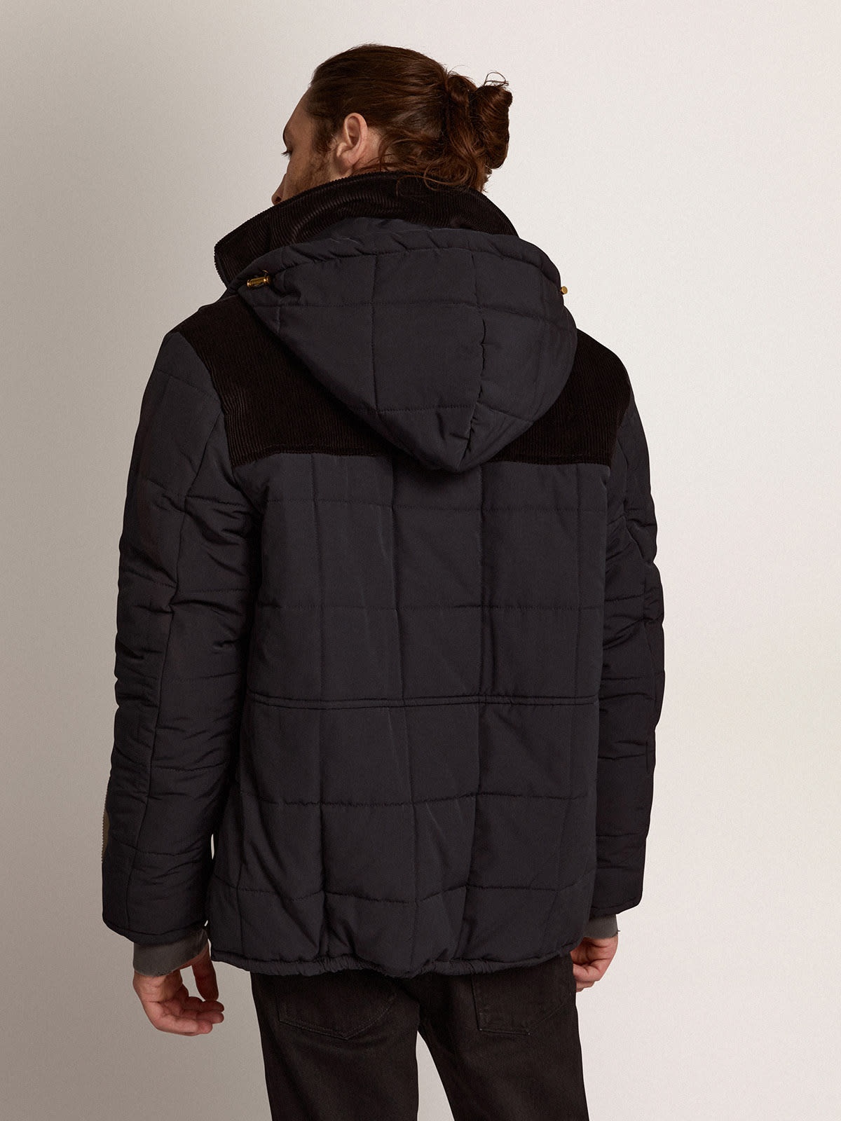 Men's padded jacket in dark blue nylon and black cotton corduroy - 4