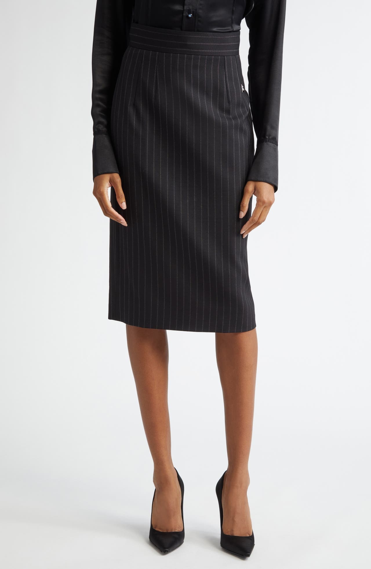 Dolce&Gabbana Stripe Logo Virgin Wool Blend Pencil Skirt in Striped Black at Nordstrom - 1