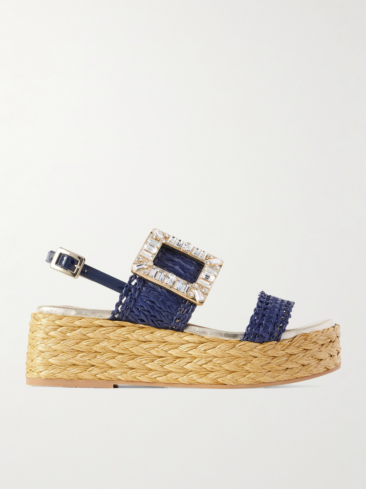 60 Crystal-embellished Patent-leather Trimmed Raffia Platform Espadrille Sandals - 1