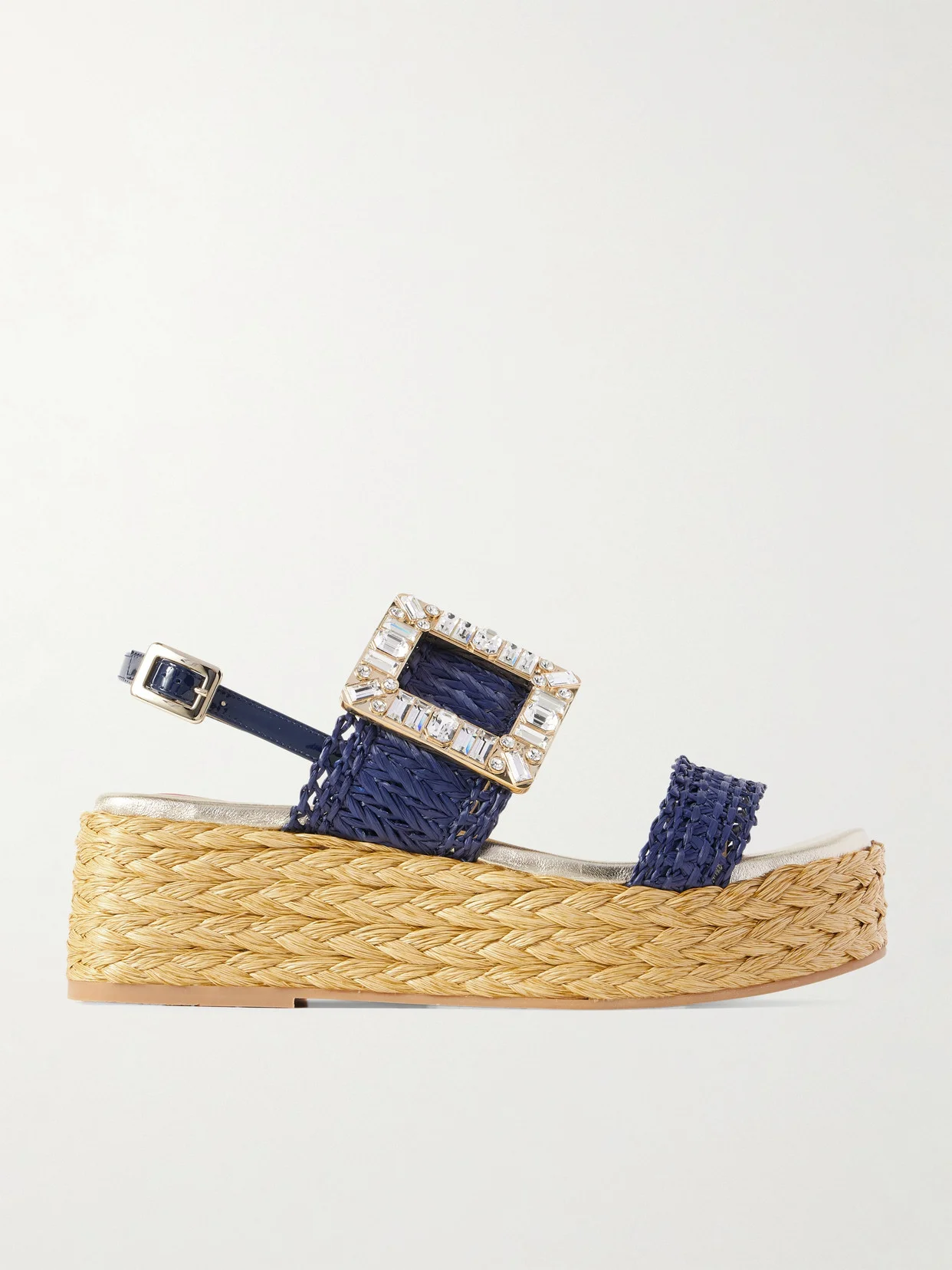 60 Crystal-embellished Patent-leather Trimmed Raffia Platform Espadrille Sandals - 1