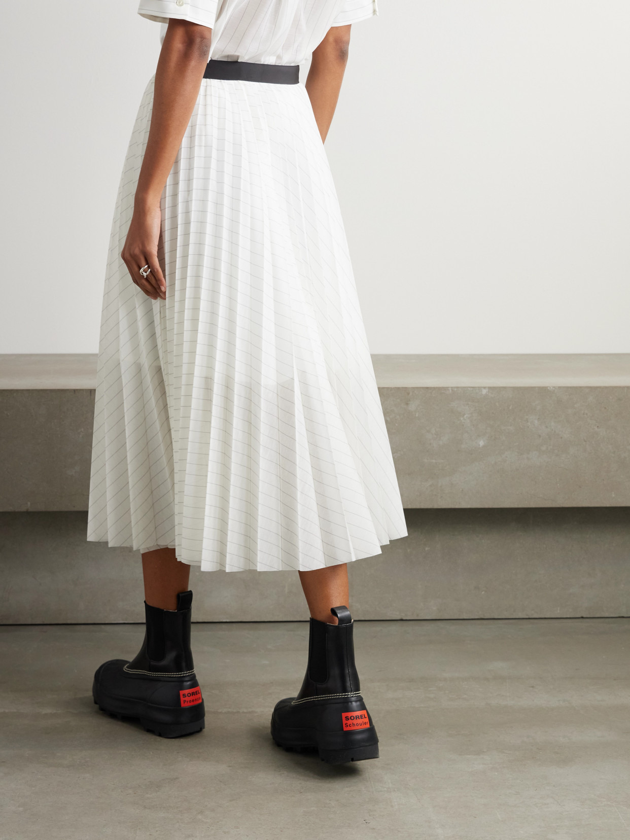 Belted Pleated Striped Voile Midi Skirt - 3