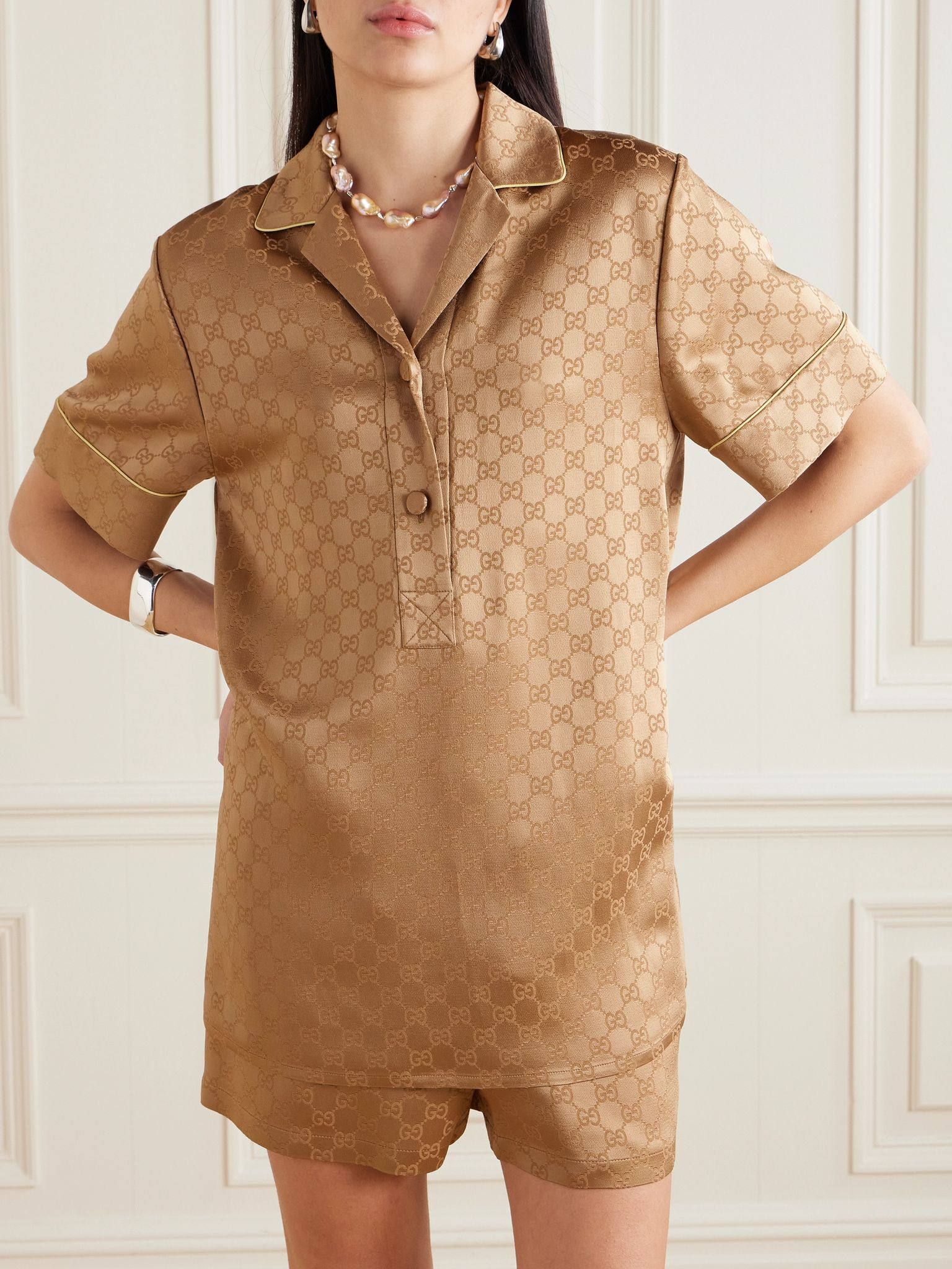 GG hammered satin-jacquard shirt Brass - 3