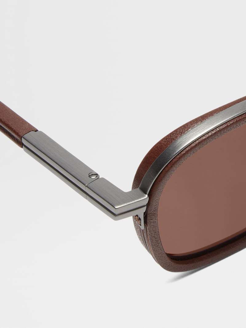ZEGNA DARK BROWN ORIZZONTE I METAL ACETATE AND LEATHER SUNGLASSES outlook