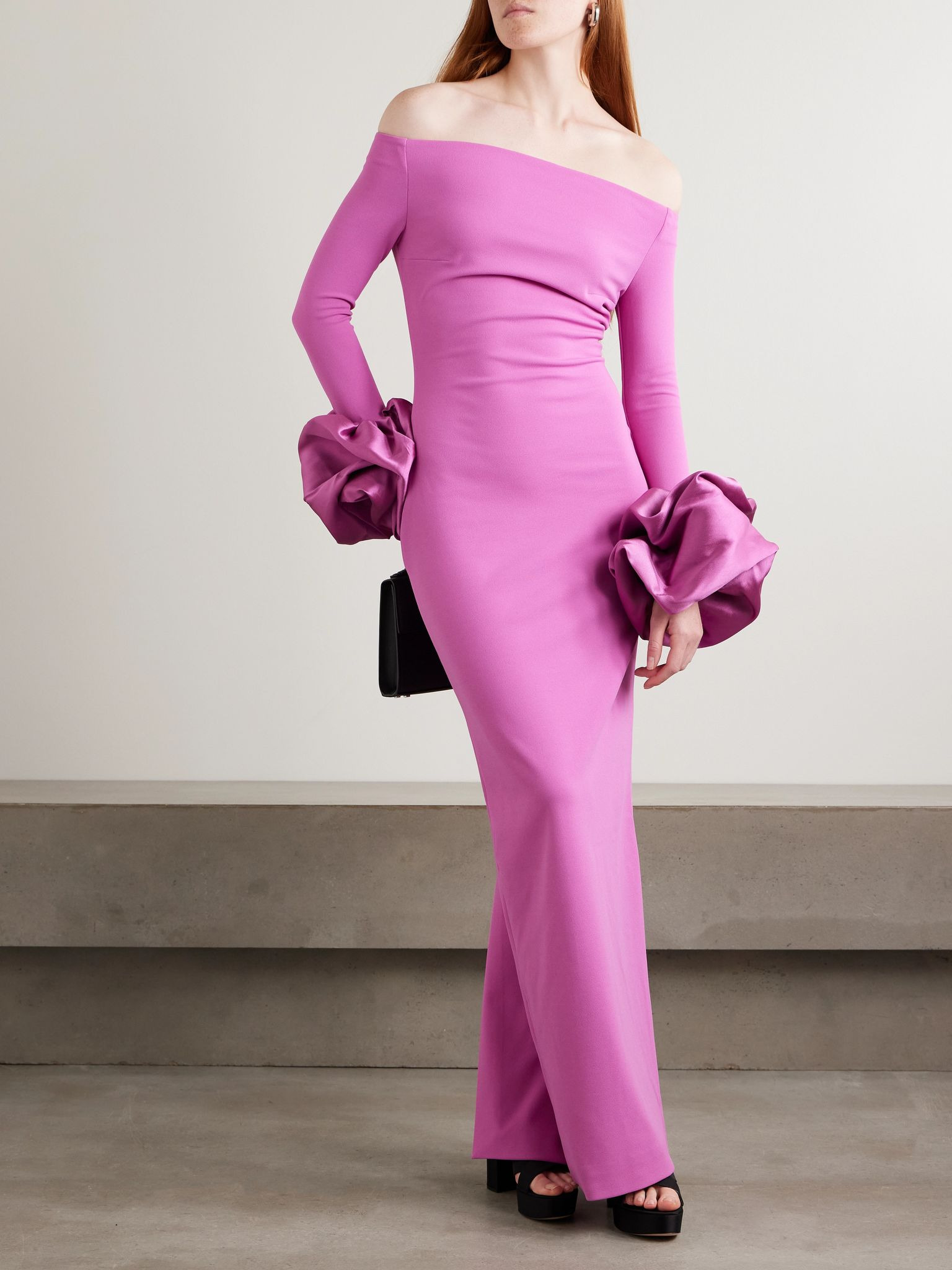 Talia off-the-shoulder faille-trimmed crepe gown Pink - 2