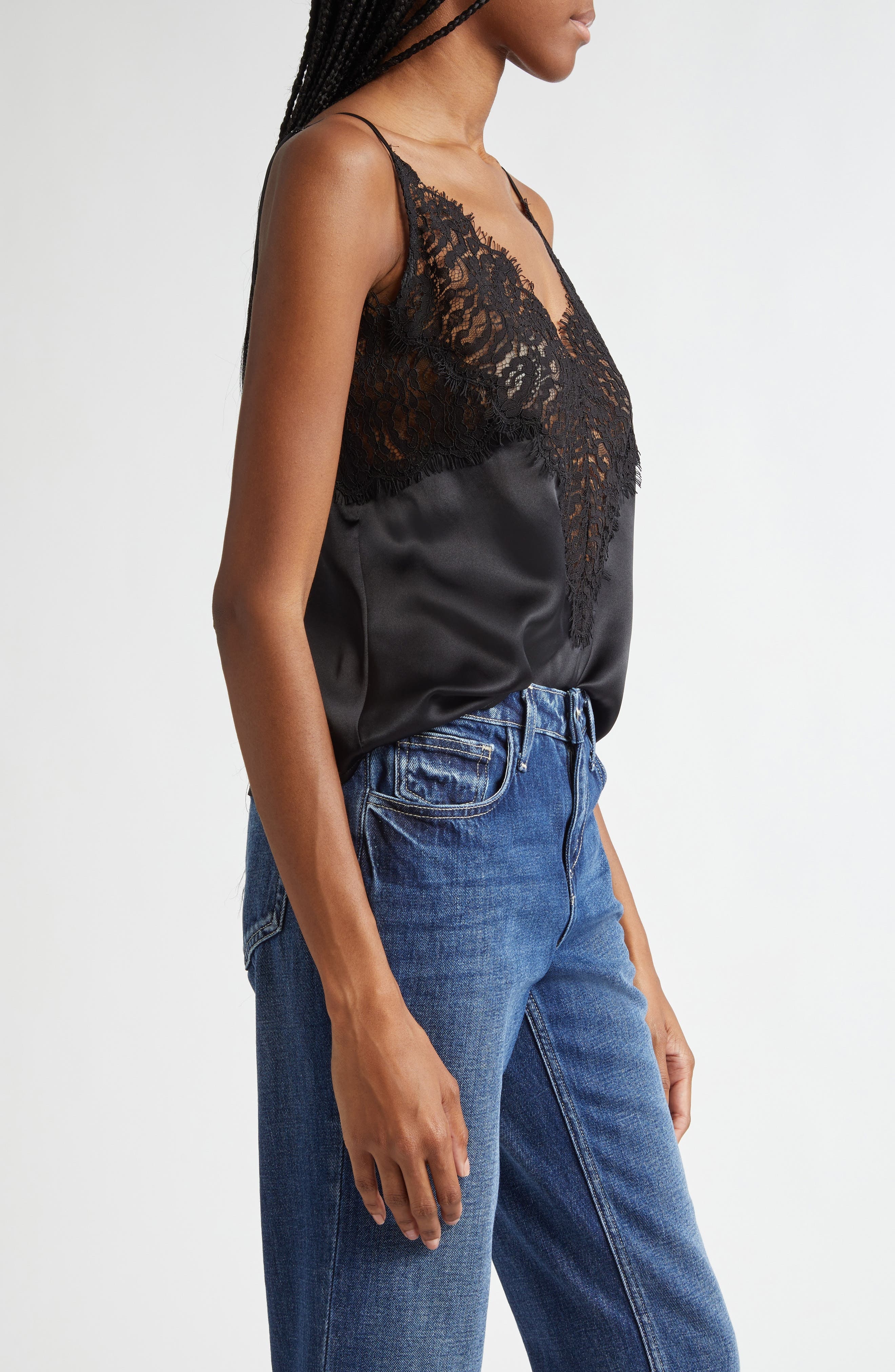 L'AGENCE Priya Lace Silk Camisole in Black at Nordstrom - 4