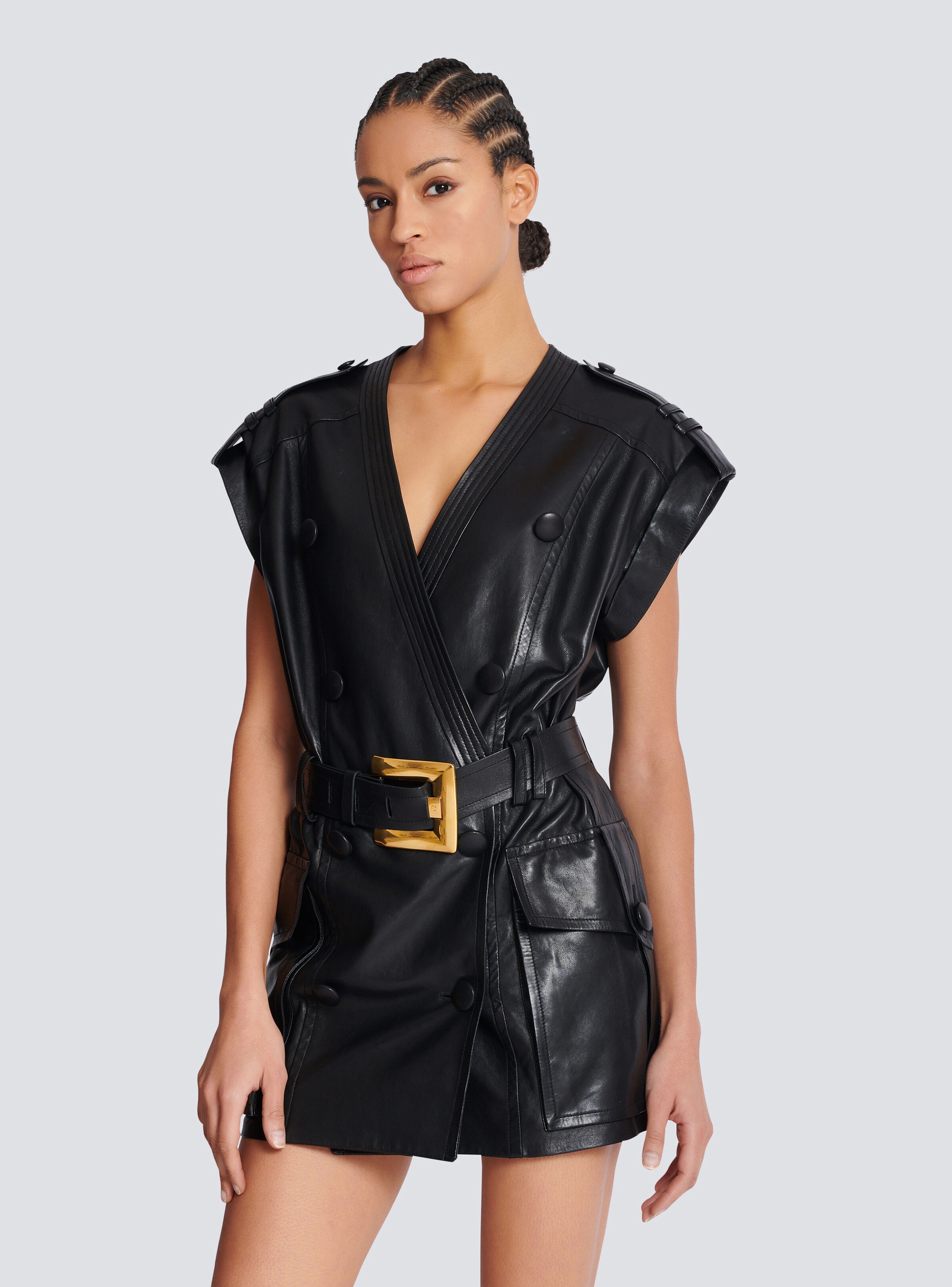 Lambskin leather short belted dress - 6
