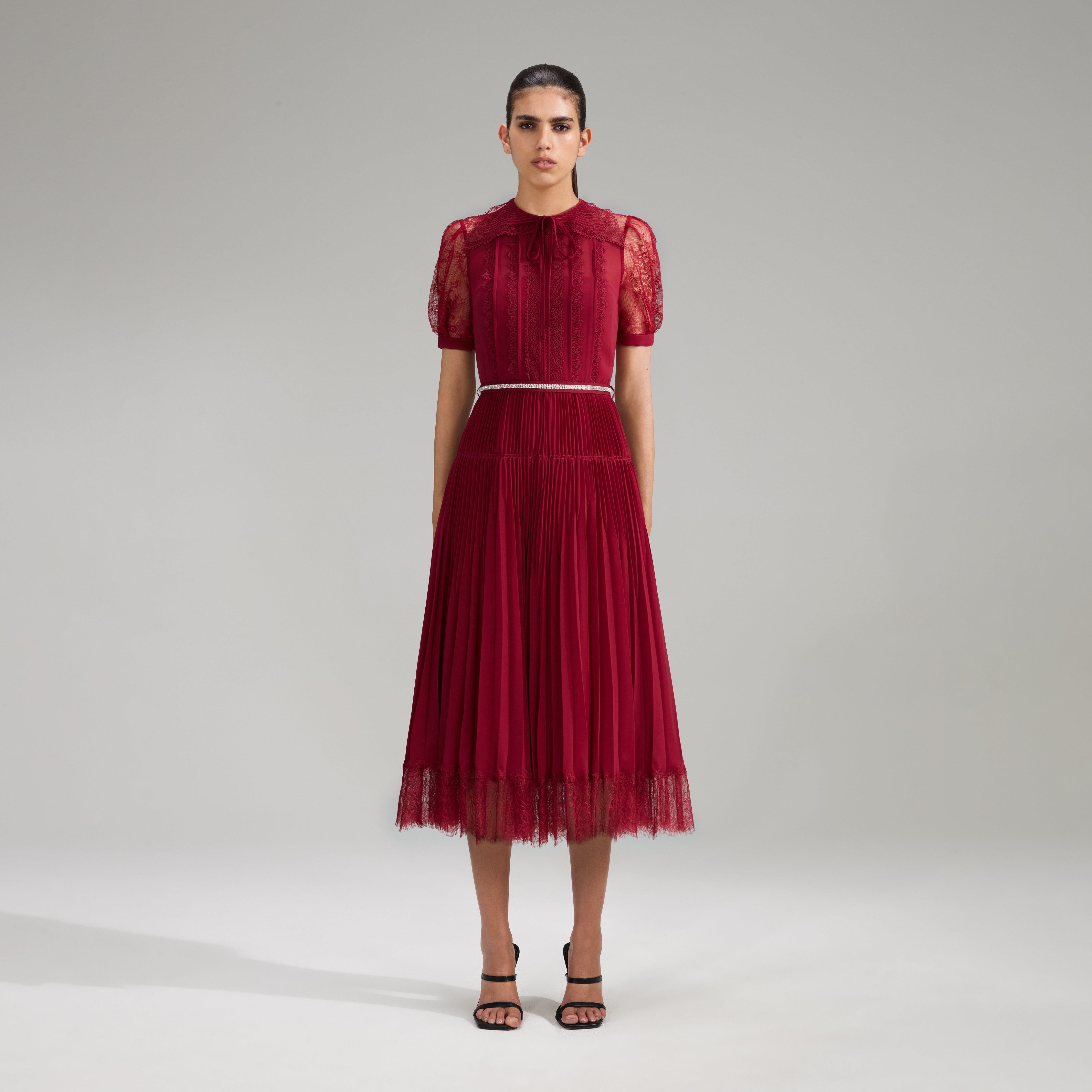 self-portrait Burgundy Lace Trim Pleated Midi Dress - PF21-965B | REVERSIBLE