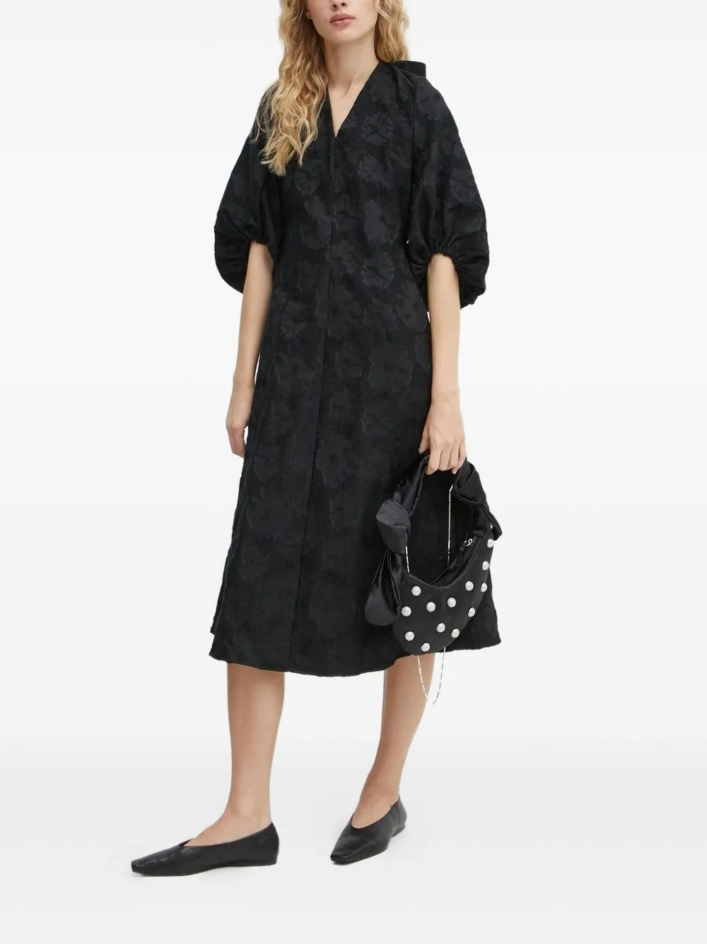 Anemone puff-sleeve textured midi dress - 1