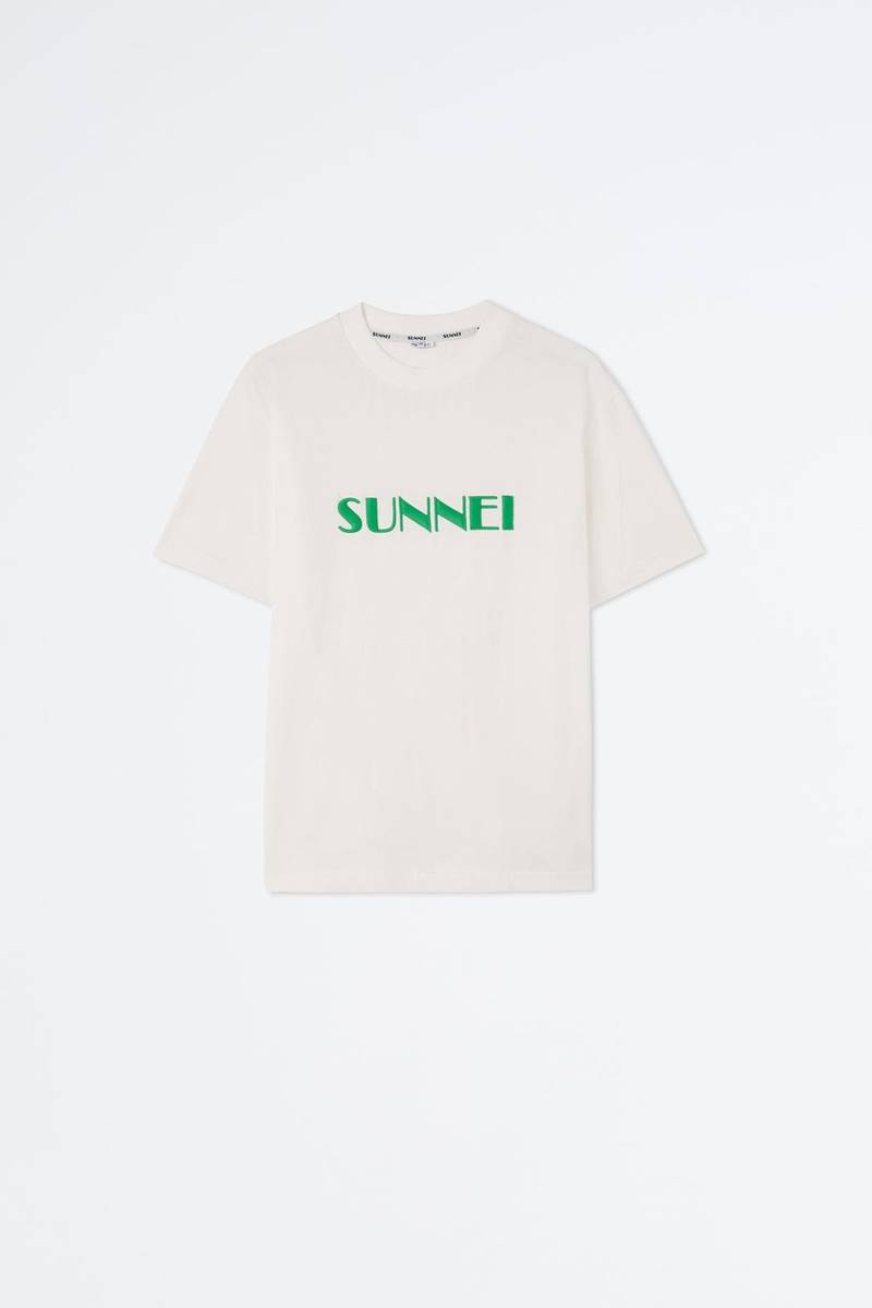 WHITE T-SHIRT WITH GREEN EMBROIDERED LOGO 1