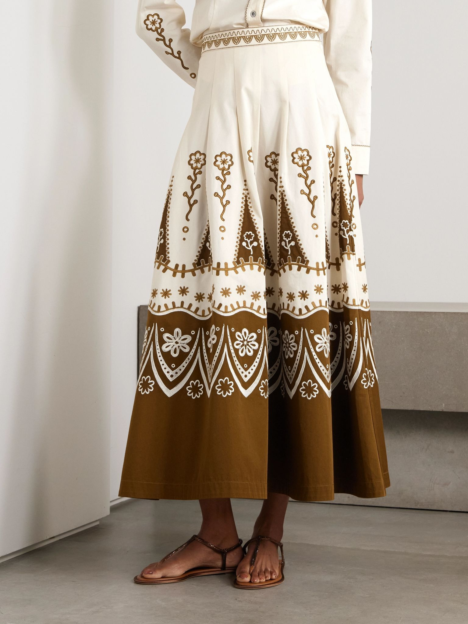 Amelianna embroidered cotton-blend drill maxi skirt Brown - 3